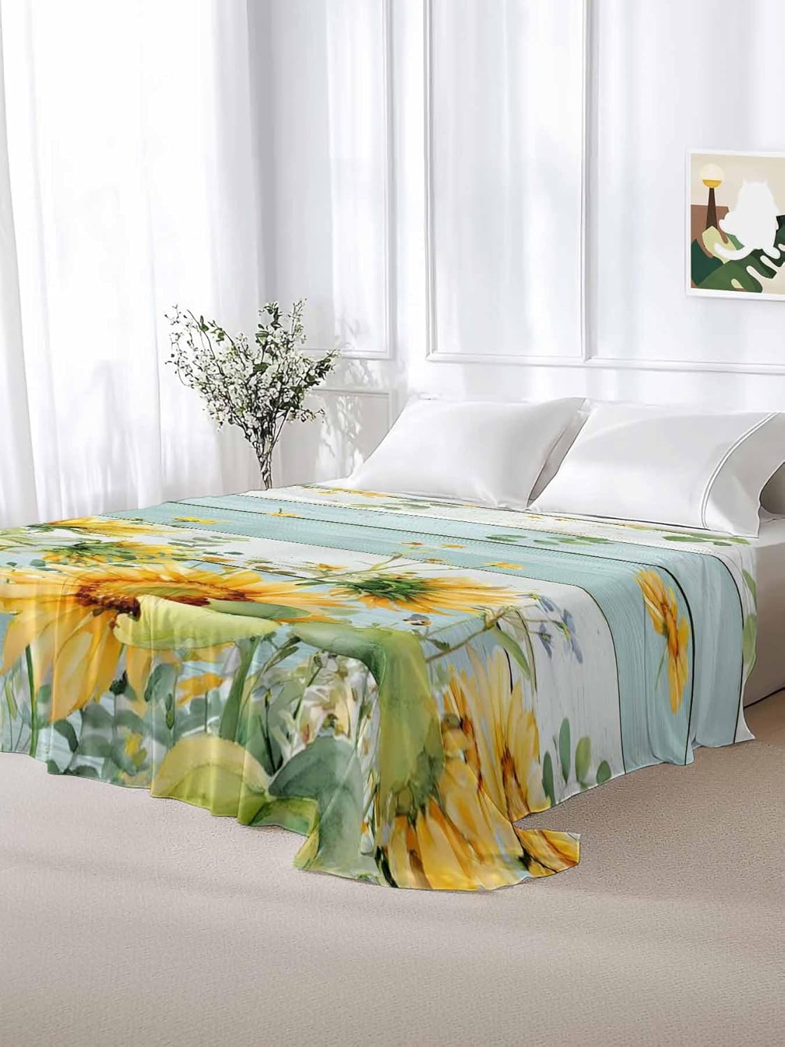 Top Sheet Full Bedding Flat Sheet Only, Rustic Sunflower Leaf Plant Microfiber Bed Sheets Soft Breathable Bedding Flat Sheets, Teal Wood Board Hotel Luxury Top Sheets