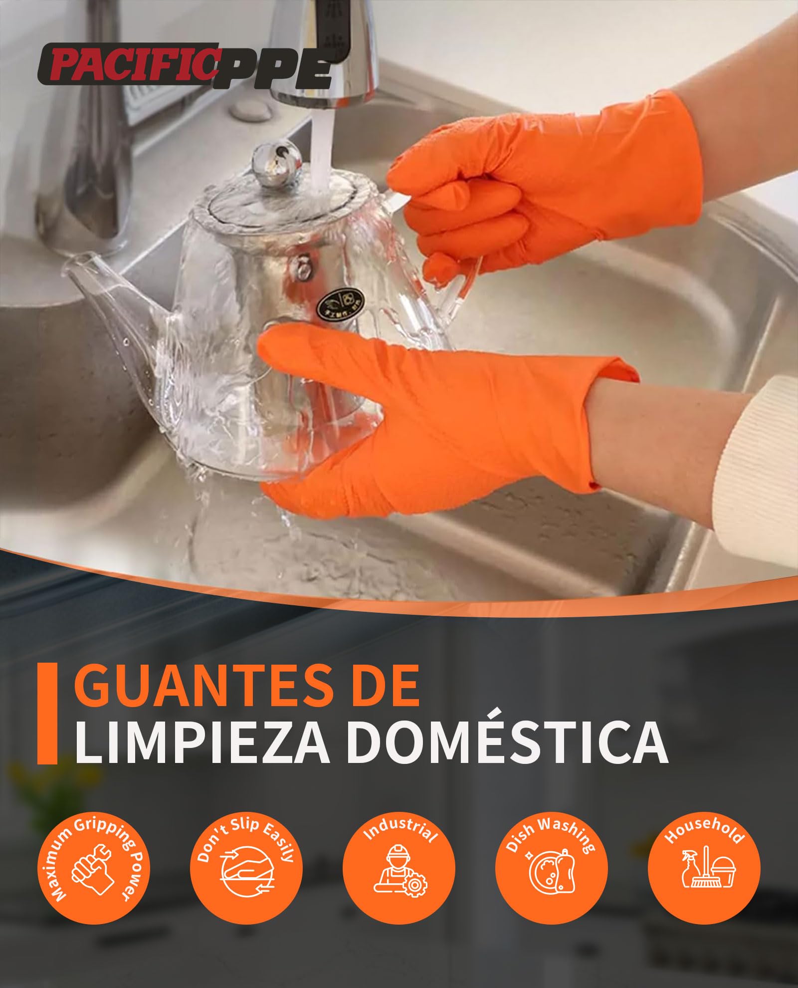 PACIFIC 8-mil Guantes Desechables de Nitrilo Naranja, Heavy-Duty, Industrial, Mecánico, Con Textura de Diamante, Sin Látex, Sin Polvo, EN 374, M/8