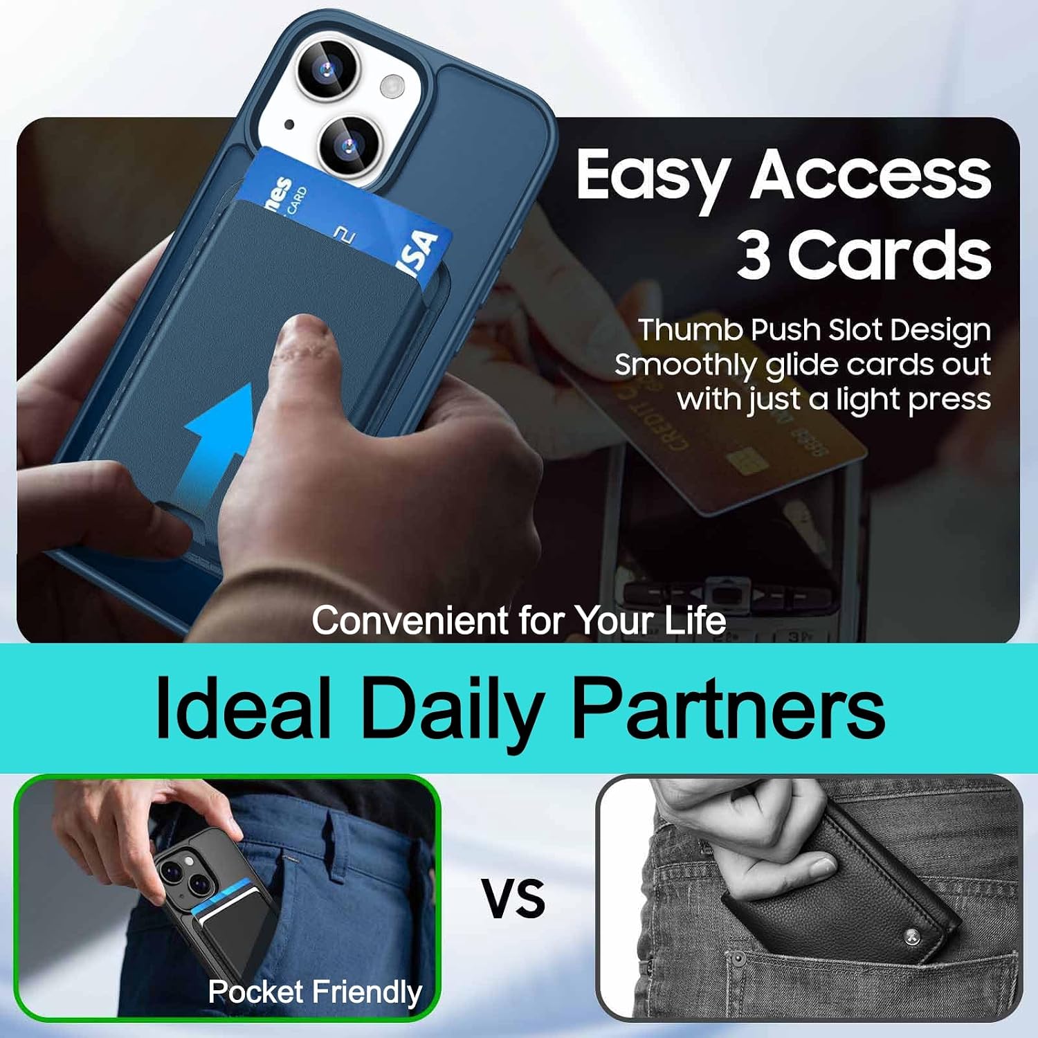 Magnetic for iPhone 14/iPhone 13 Case 6.1", with [Credit Card Holder] [Built-in Magnets] with Detachable Wallet Pocket Military-Grade Shockproof Protective Phone Cover, Deep Blue