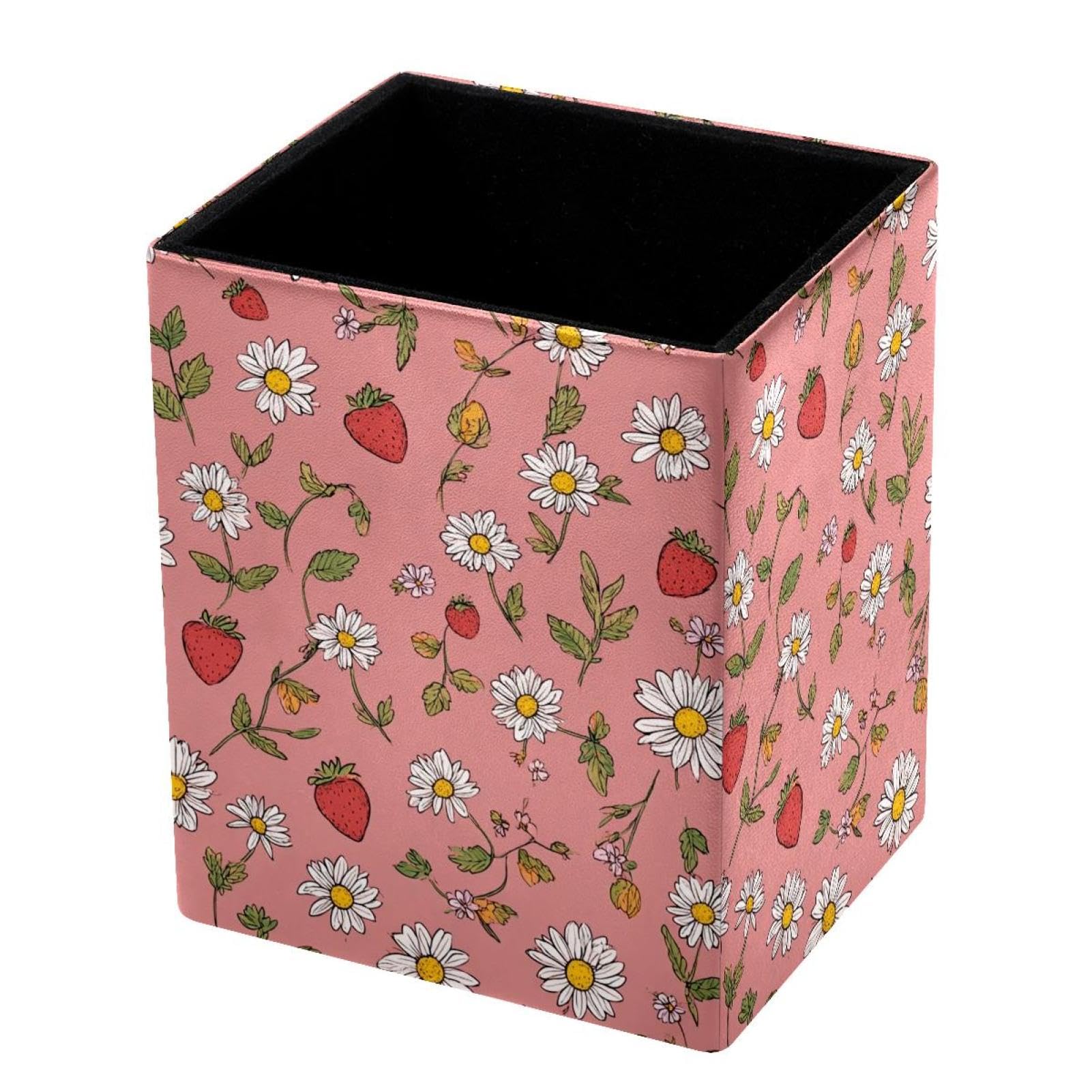 VAPOKF Pencil Holders for Desk, Strawberries and Daisies Printed Pen Holders Pen Pot Makeup Brushes Storage Desktop Stationery Supplies Organiser for Home Office