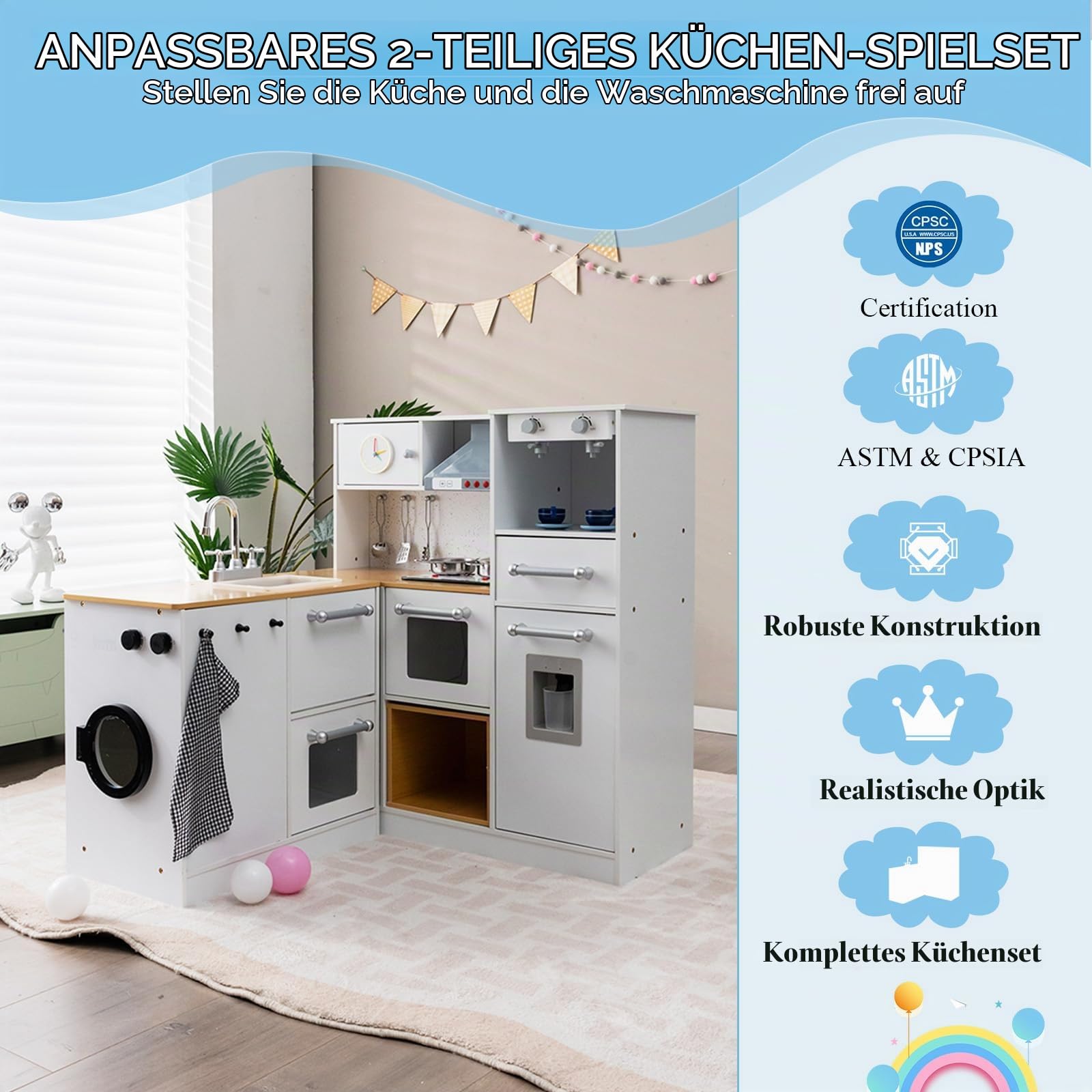 HOMASIS Kinderküche mit Licht & Sound, Spielküche Holz, Spielzeugküche inkl. Hocker & Küchenzubehör, Eckküche Puppenküche Spielset Kinderspiel Küchespielzeug-Set für Kinder ab 3 Jahren