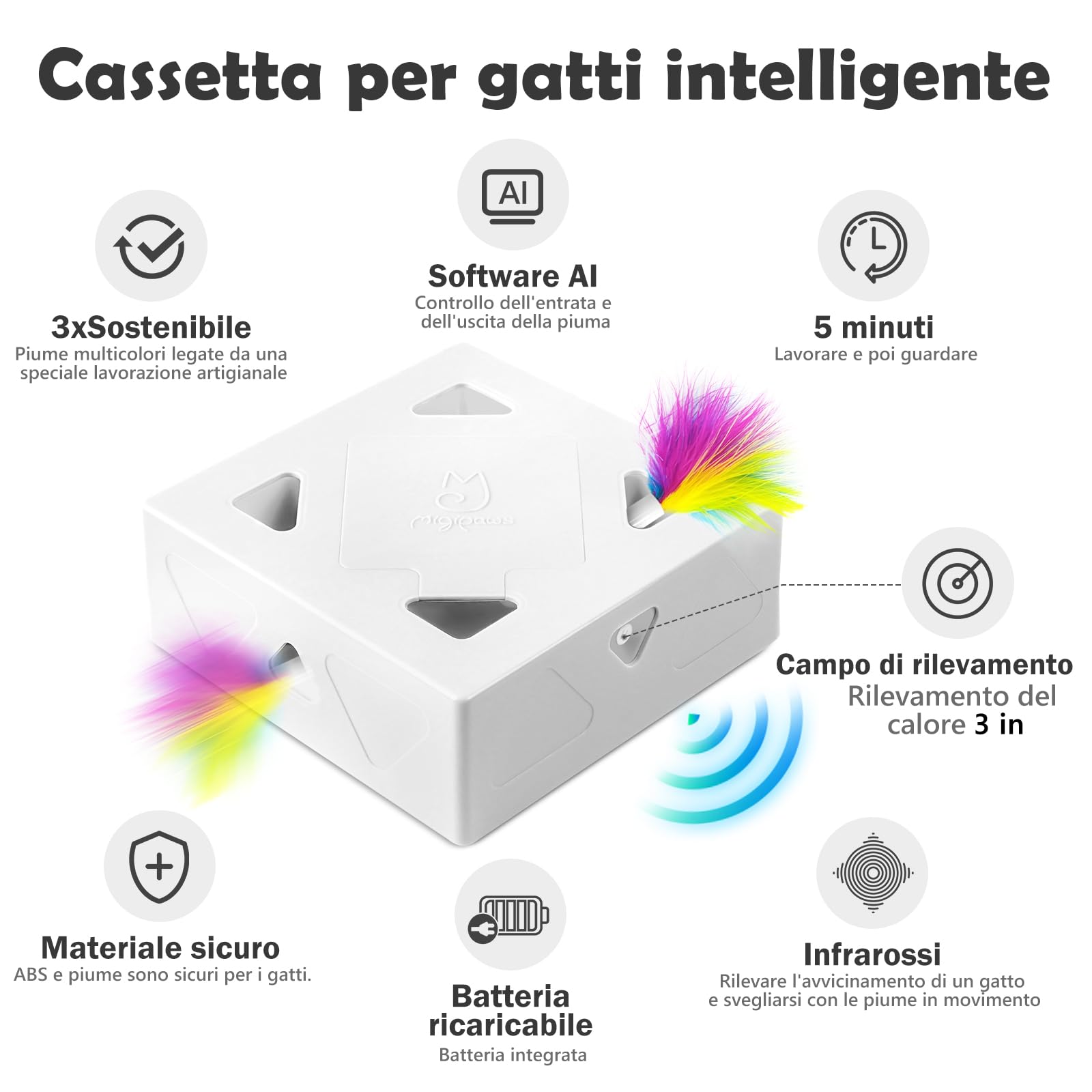 Migipaws Giocattolo per gatti, 3 in 1 giocattolo interattivo automatico con 7 fori per topi, giocattolo stimolante ultra divertente per gatti domestici, ricaricabile tramite USB, 4 piume