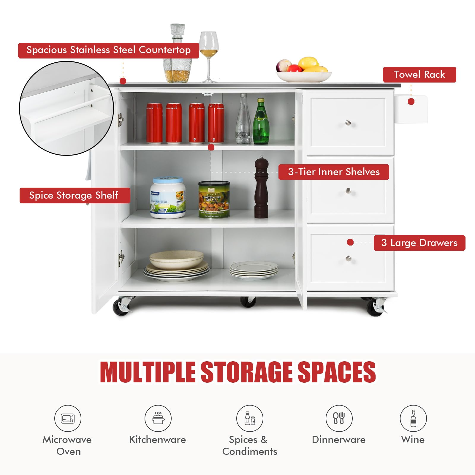KOMFOTTEU Isla de Cocina con Encimera de Acero Inoxidable, Carrito de Servicio con 3 Cajones, Toallero y Estantes Ajustables, Armario de Cocina con 5 Ruedas, 135 x 45,5 x 91,5 cm (Blanco)