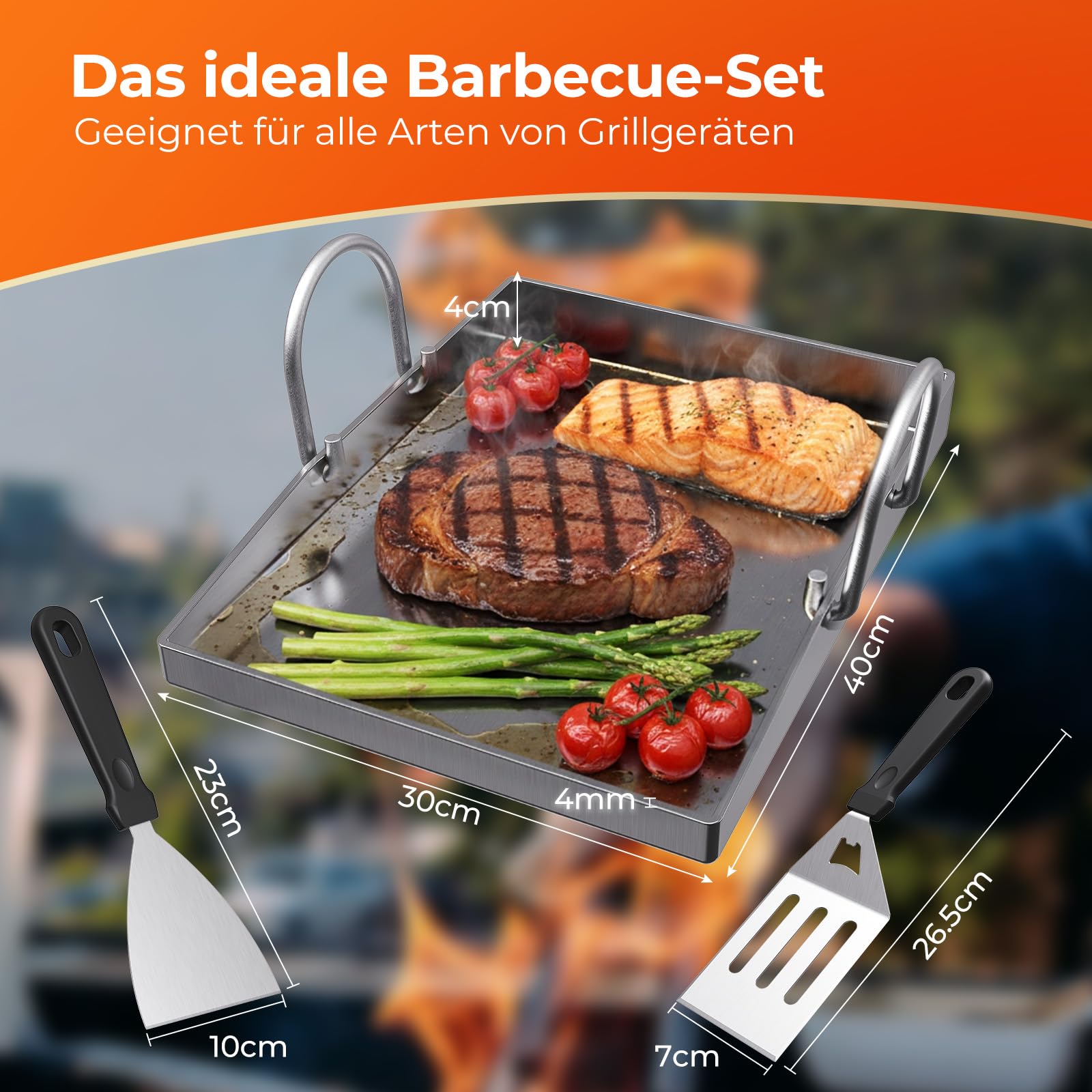 Plancha Grillplatte 40 x 30 cm mit Perforation, 4 mm Edelstahlplatte, hitzebeständig & verformungsfrei, geeignet für Burger, Gemüse, Fisch und Steak. Inklusive Grillspatel und abnehmbarem Griff.