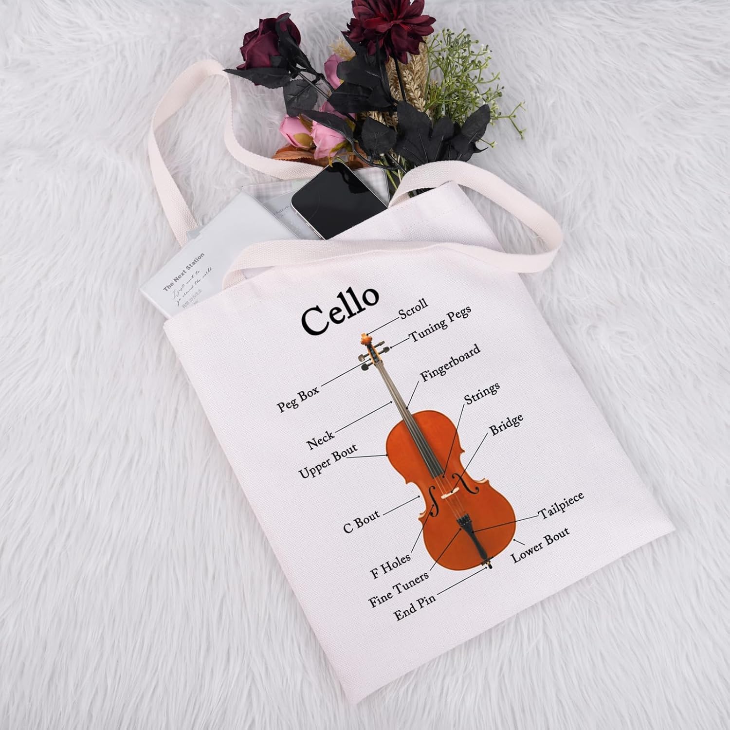 JXGZSO Musician Tote Bag - Cello Instrument Anatomy Lover Gift for Cellist, Music Teacher