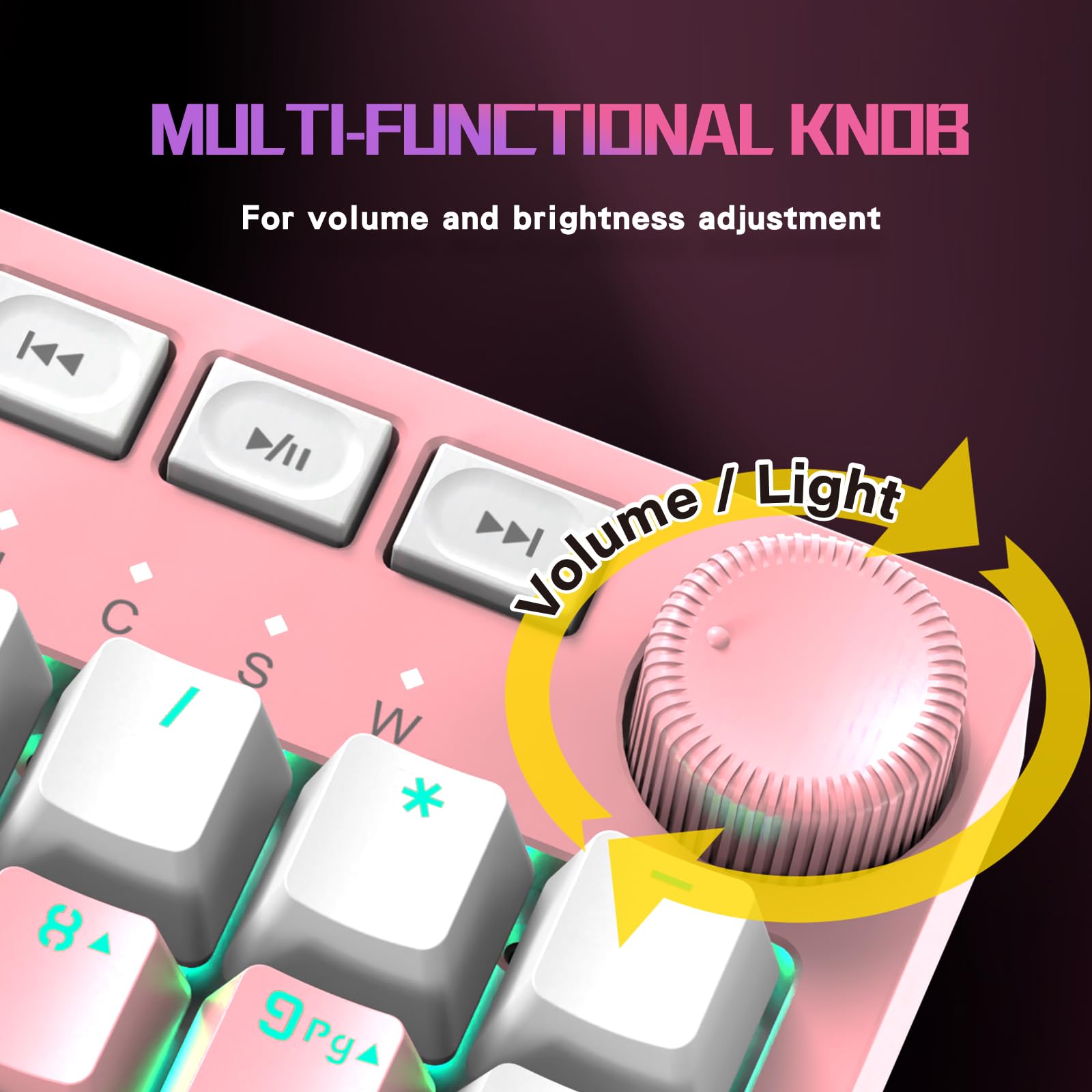 FOXXRAY HKM-95 przewodowa mechaniczna klawiatura do gier, pełnowymiarowe podświetlenie RGB z pokrętłem sterowania multimediami, przełączniki Outemu, USB Plug and Play, do PC/Mac/Windows, różowa i