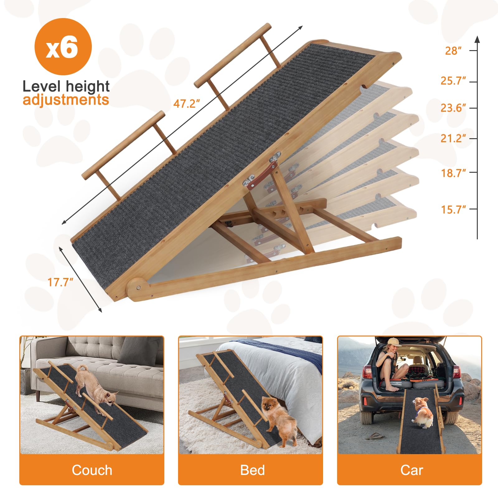 Höhenverstellbare Hunderampe für Bett, Couch, extra breit, 45 cm, tragbare Haustierrampe aus Holz, rutschfeste Hunderampe, 6 verstellbare Höhen für kleine, mittelgroße und große Hunde (Traglast 75 kg)