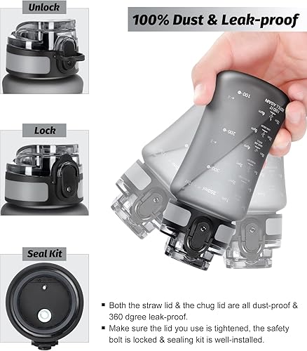 Miniatura 2 de Botella de agua de 12oz para niñosniñas pequeños, sin BPA, con marcador de tiempo que motiva a beber, 2 tapas de popoteboquilla, abre con un solo