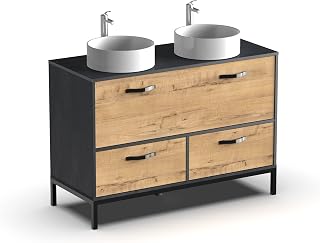 Muebles Pitarch | Conjunto Mueble de Baño Doble con 2 Lavabos cerámicos incluidos, 120cm ancho, Negro y Roble Gold, 2 Cajones y 1 Puerta, modelo Sena