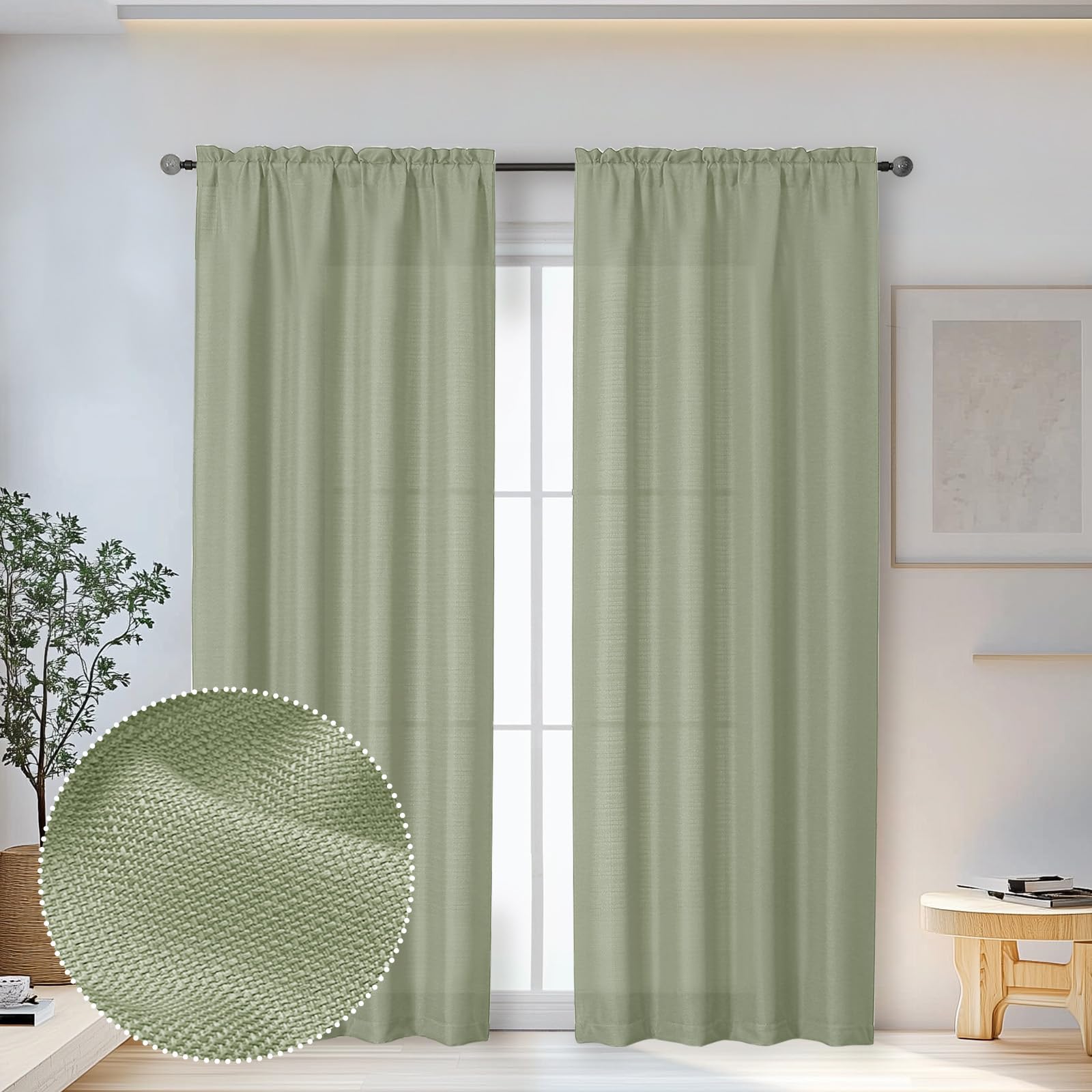 OWENIE Bob Sage Green Curtains 84 Inch Length 2 Panels Set for Living Room Bedroom, Light Filtering Rod Pocket Faux Linen Textured Curtain Drapes 84 inches Long, 2 Pcs Each 40Wx84L Inch