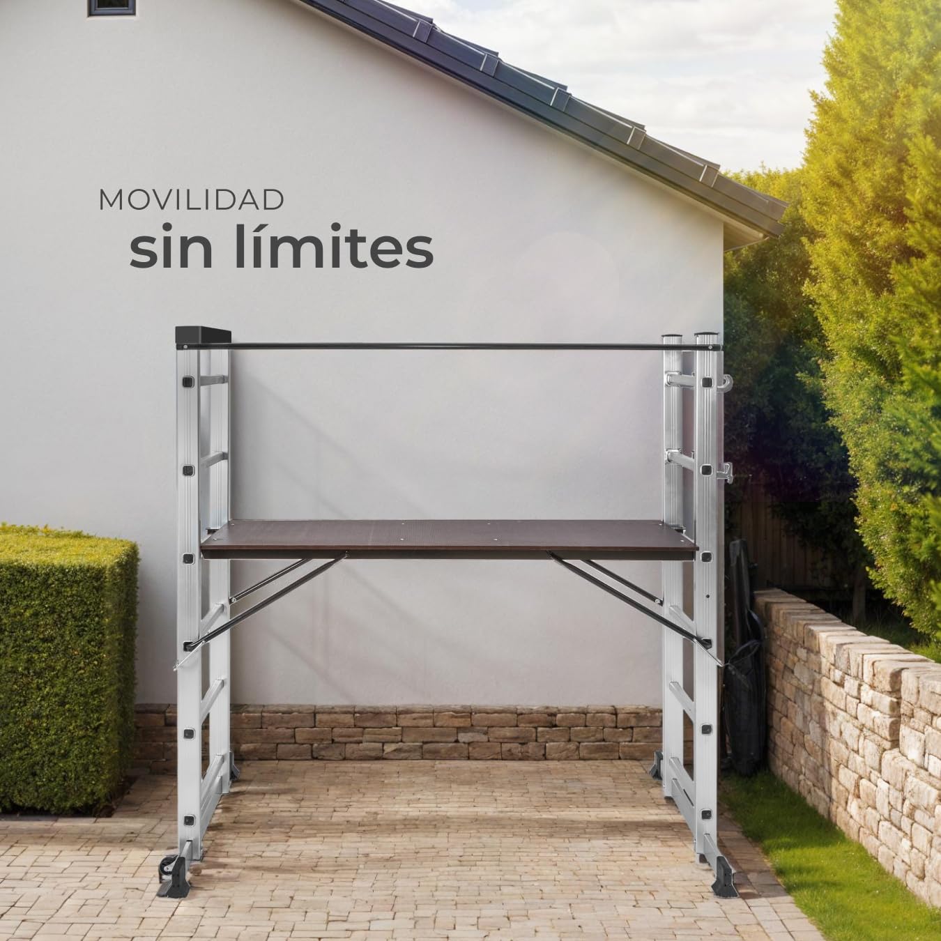 tectake® Escalera Plegable Aluminio, Escalera Telescópica Multiusos 4 en 1: Escalera Extensible, Escalera de Tijera, Andamio Simple, Andamio para Desniveles, con Ruedas, Estable, Carga MAX. 150 kg