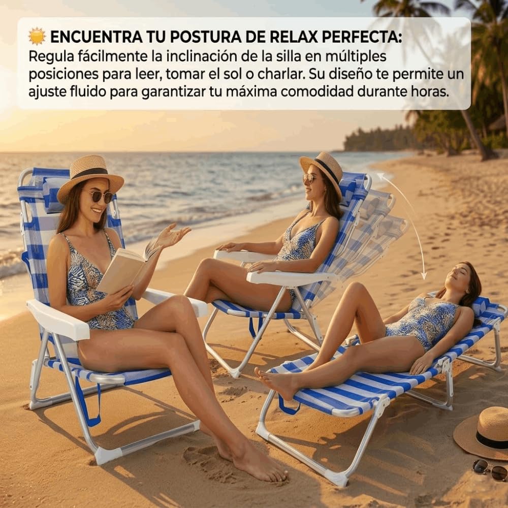 DEVESSPORT Silla de Playa Plegable y Reclinable multiposición, Estructura de Aluminio Ligera (2 kg), Tipo Bolso con Asas, Cojín Reposacabezas, Tela Textileno Transpirable a Rayas (60x50x82 cm)