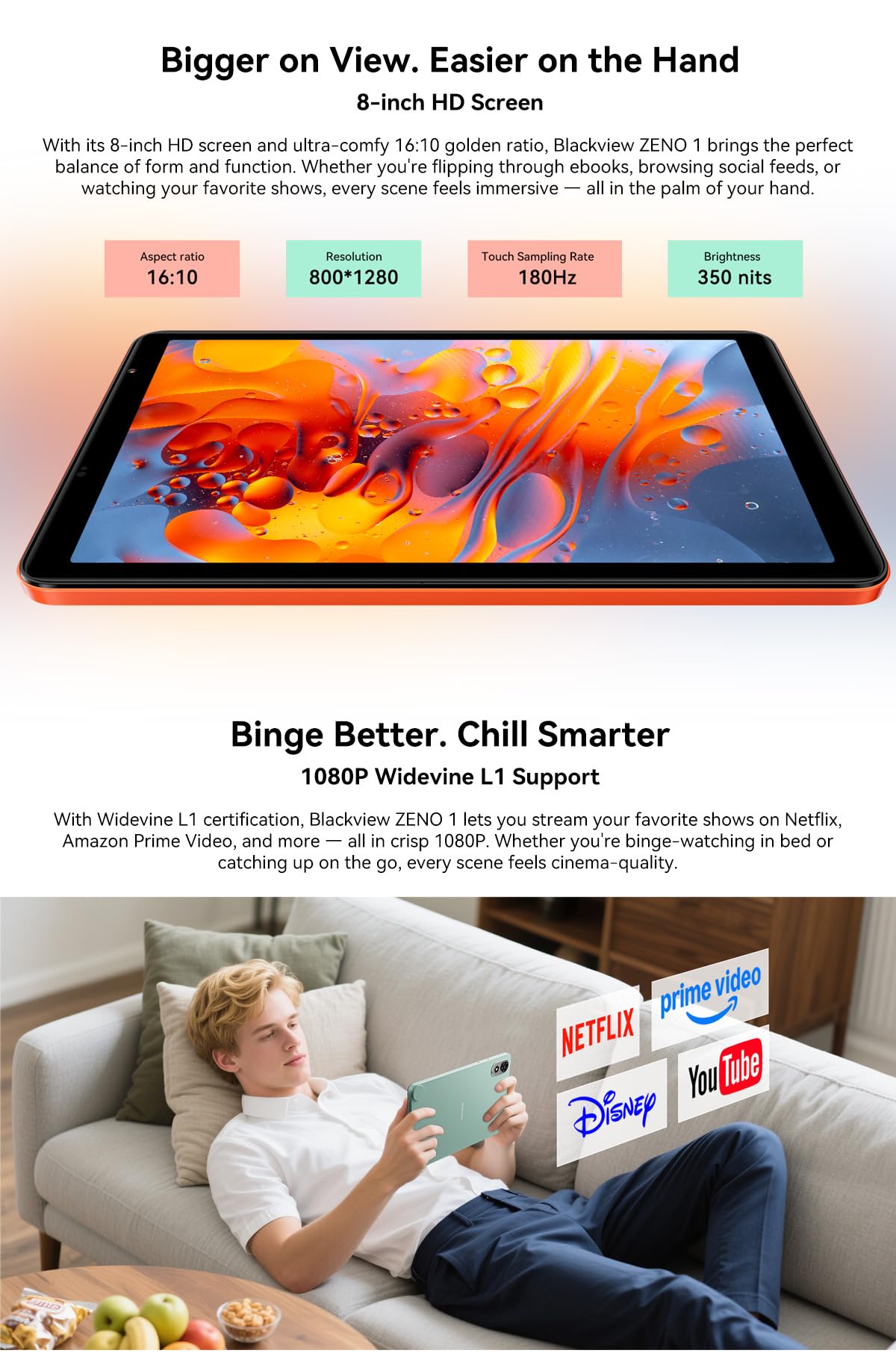 Blackview ZENO 1 Tablet Android 15 AI, 8'' HD+, 18GB+ 256GB(2TB Externa), 3 Asistentes Inteligentes AI, 8.2mm Ultra Delgado, Dual SIM 4G WiFi 5, Cámara 8MP+8MP, Altavoces Dual Box, GPS, Negro
