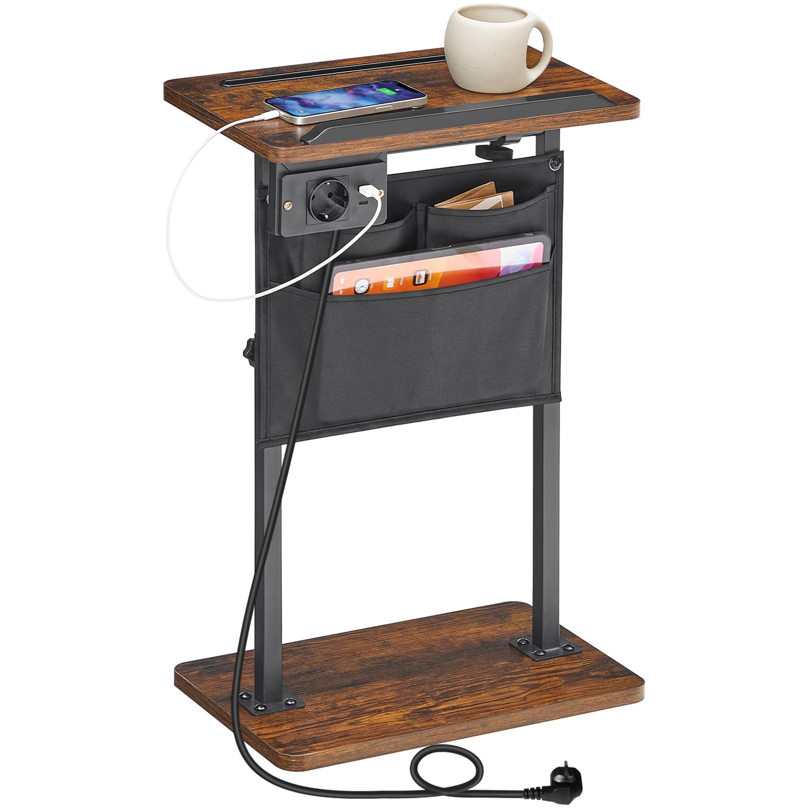 HOOBRO Mesa Auxiliar de Altura Regulable Entre 50,5-75,5 cm y Base de Carga, Mesa de Sofá con Tablero Inclinable, Mesita de Noche con Bolsas y Ranura para Tabletas, Marrón Vintage y Negro EBF435CBZ01