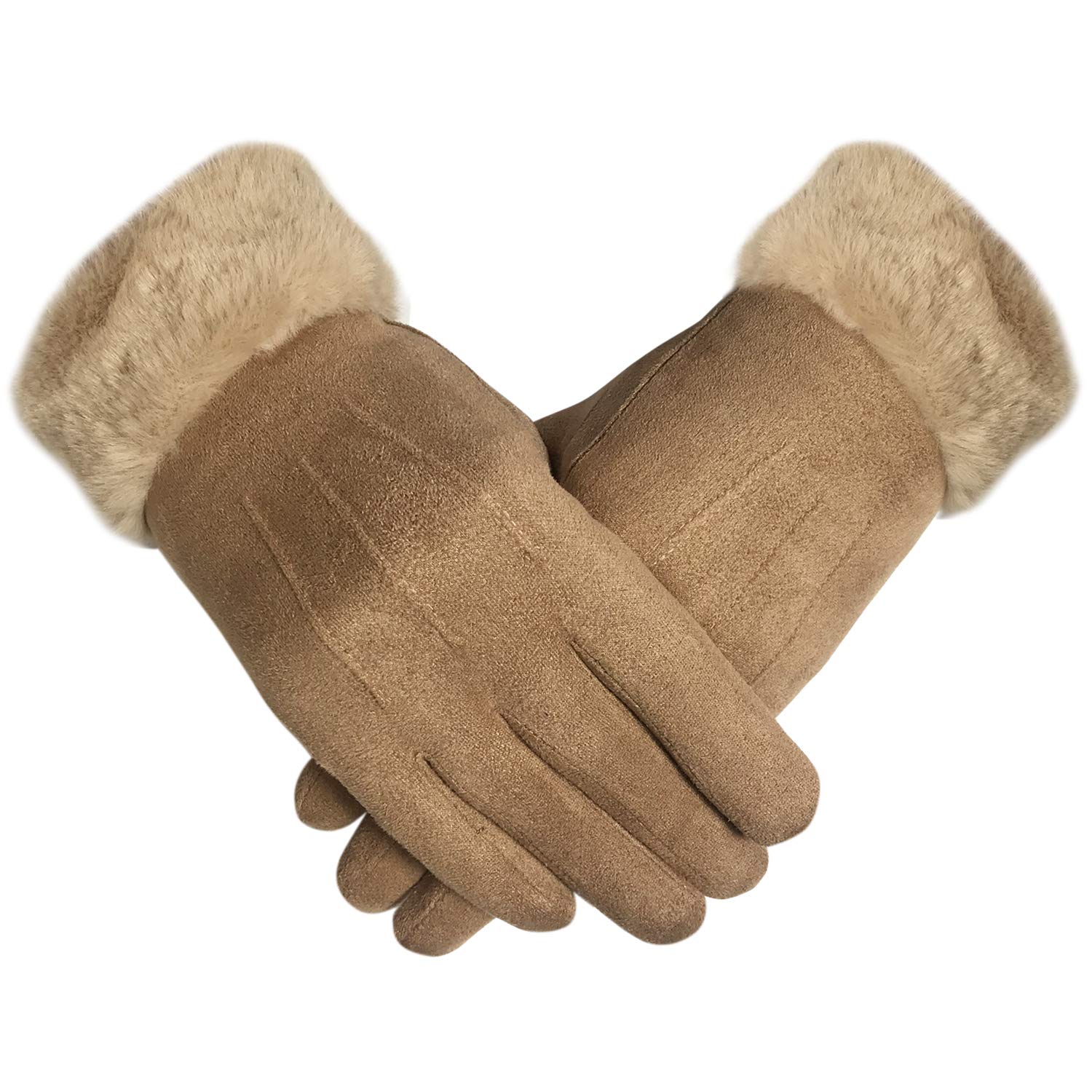 Toskatok Women's Camel Stylish Faux Suede Soft Warm Cosy Winter Gloves With Cosy Liner And Faux Fur Cuff