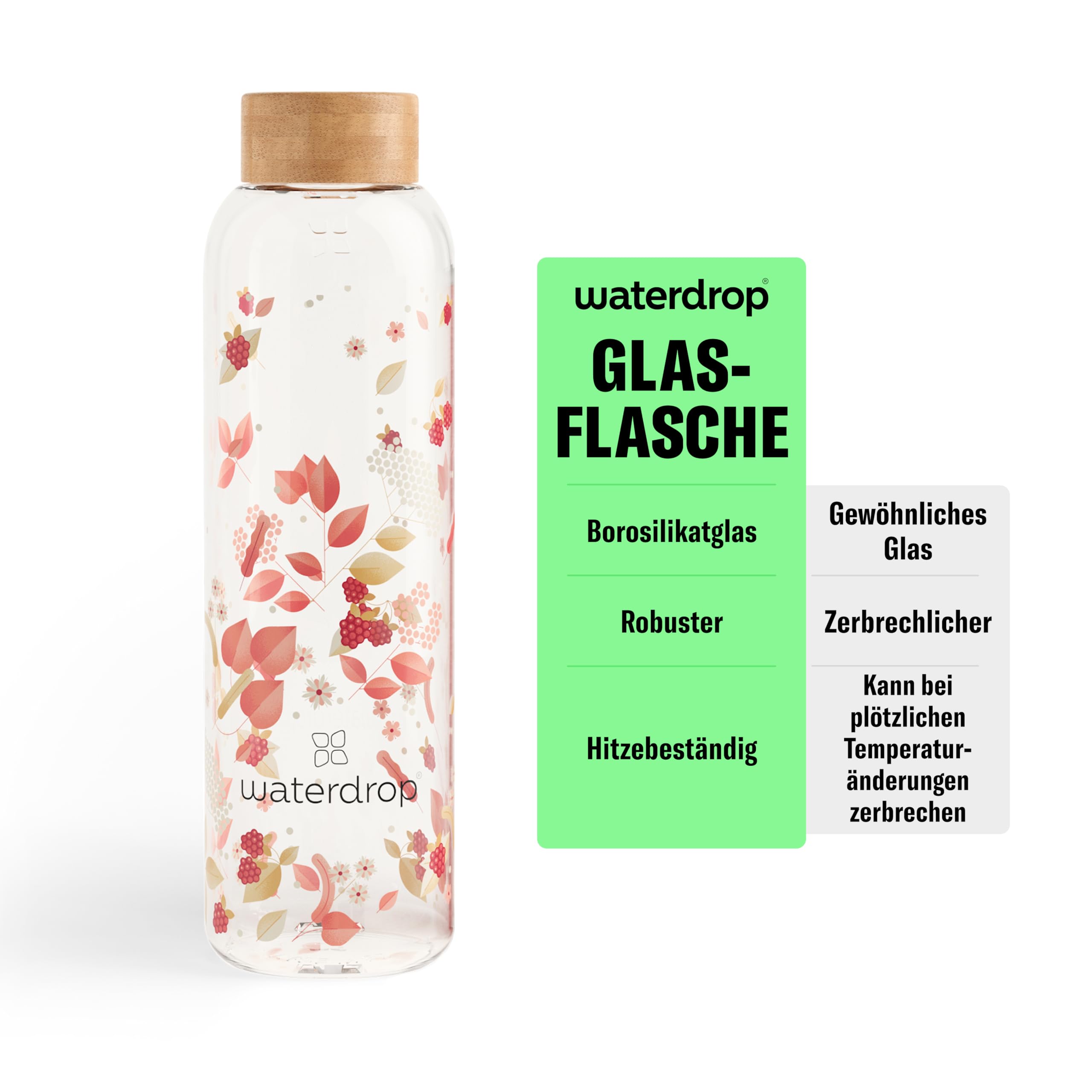 waterdrop® Flasche aus Glas 600ml - Trinkflasche Kohlensäure geeignet, spülmaschinenfest - auslaufsichere Wasserflasche mit Neoprenhülle