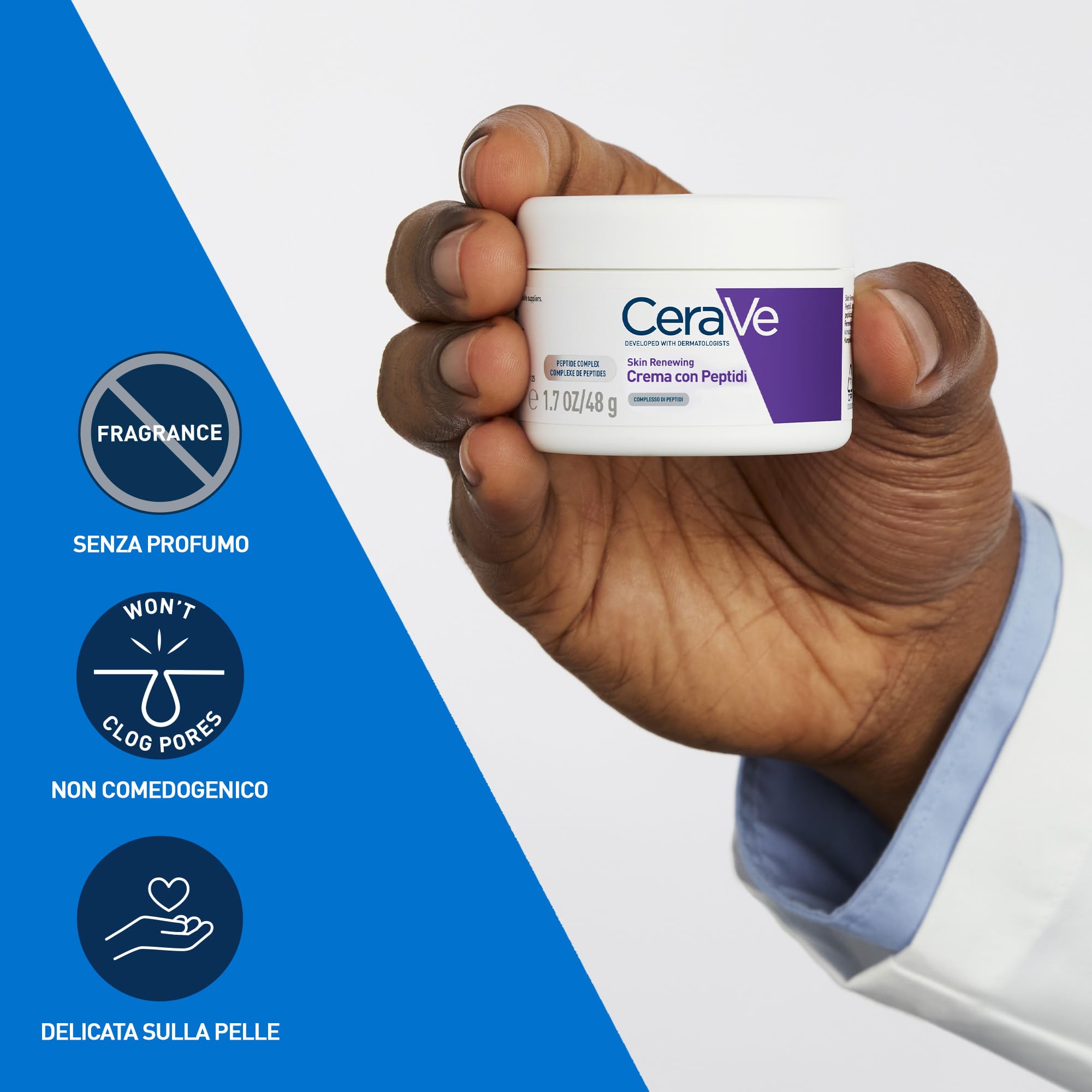 CeraVe Skin Renewing Crema Viso Peptidi, Per Pelle con i Primi Segni dell'Età, Pelle più Idratata, Elastica e Tonica, Con Complesso di Peptidi, 3 Ceramidi Essenziali e Niacinamide, 48g