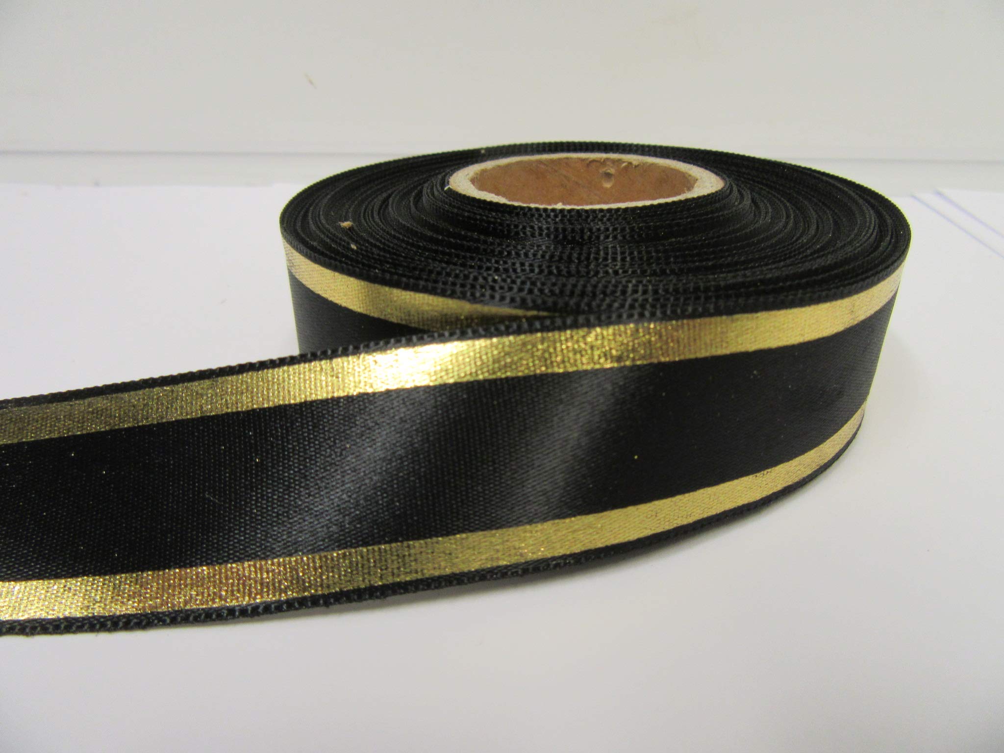 2 metres (Cut from Reel) x 25mm Satin Ribbon Black with Rustic Metallic Gold Tramlines Stripes Tram Lines 25 mm 2.5cm 1" 1 Inch