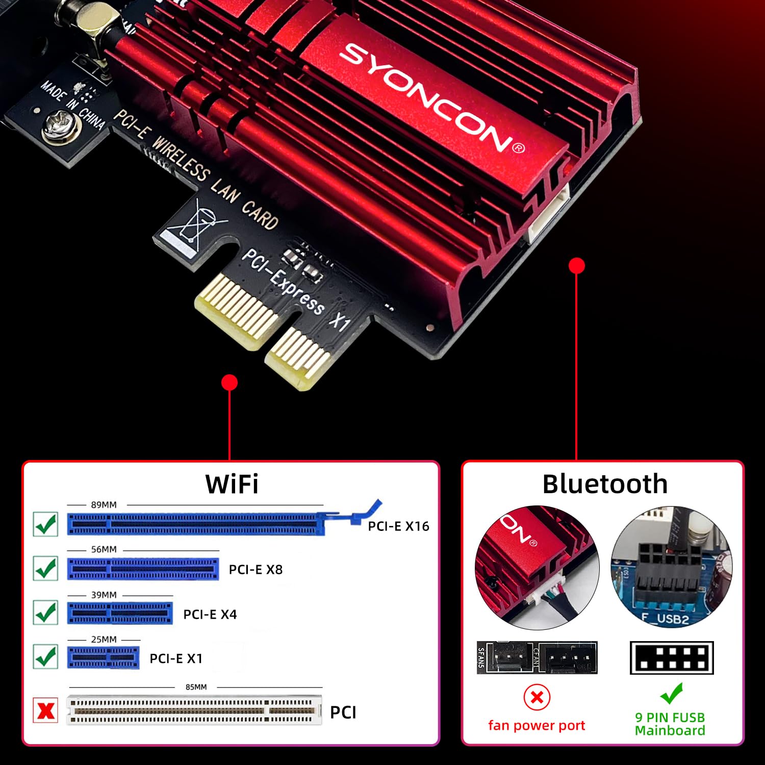 Scheda WiFi 6E PCIe AXE5400 Chipset intel AX210 con Bluetooth 5.3 Scheda di rete Wireless PCI Express Adattatore Tri-Bande (6GHz/5GHz/2.4GHz) 5374Mbps per PC fisso Windows 10/11 (Rosso)