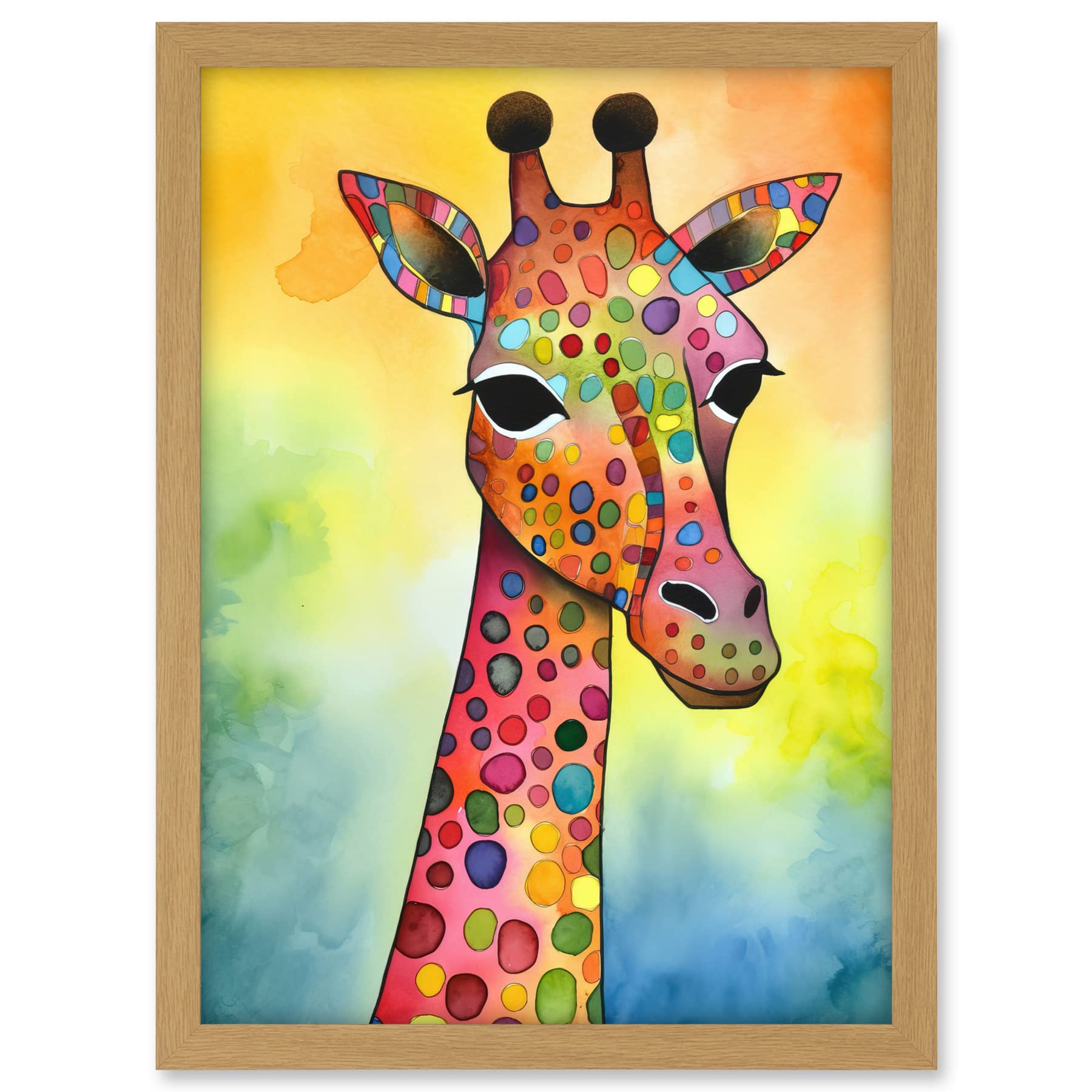 Artery8 Giraffe With Multicolour Pattern Folk Art Watercolour Painting Artwork Framed A3 Wall Art Print