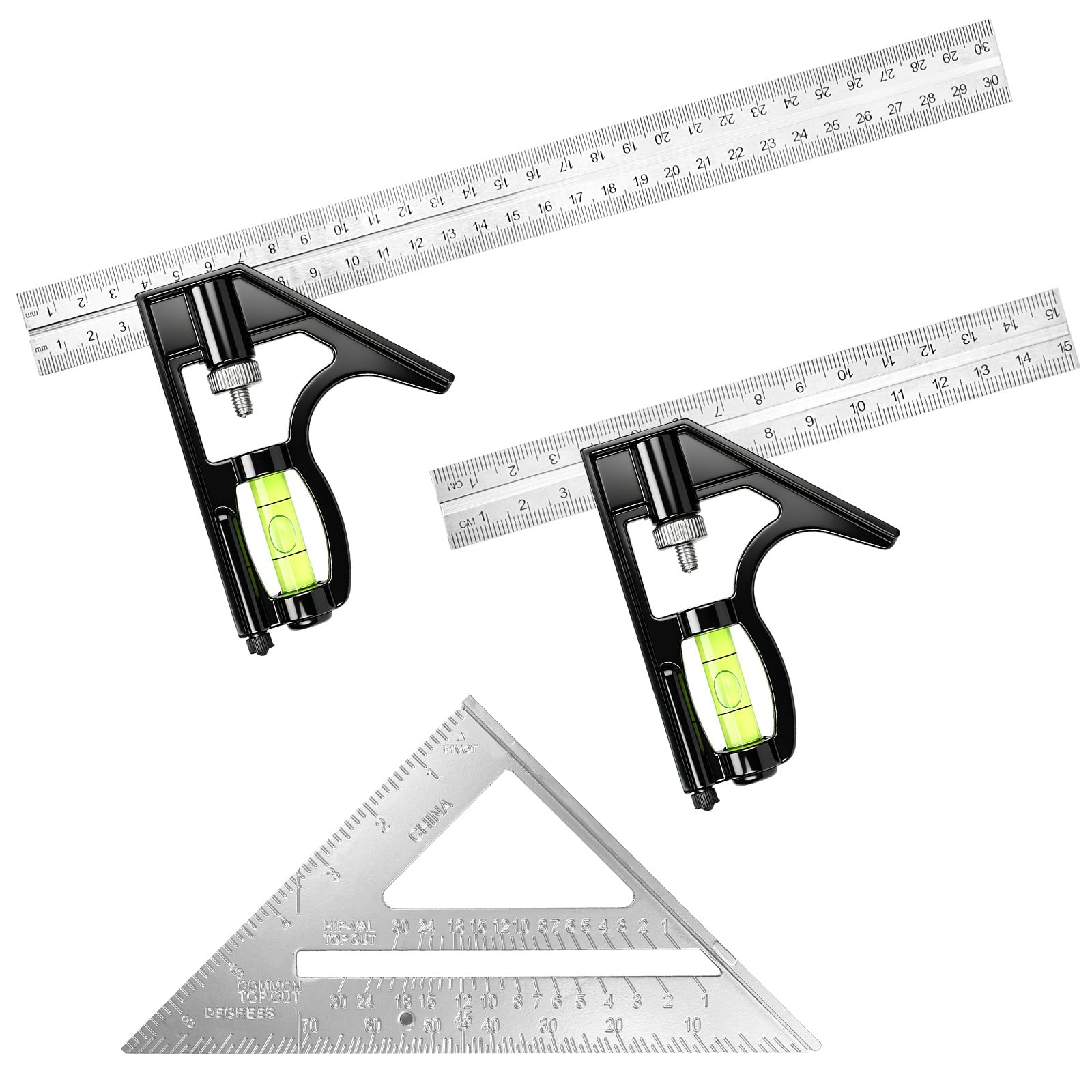 3Pcs Combination Square Set, 150 + 300mm Combination Try Square Tool with Spirit Level, Adjustable Set Square Carpentry with 7 inch Speed Squares Measuring Tools for Woodworking Engineer Carpenter