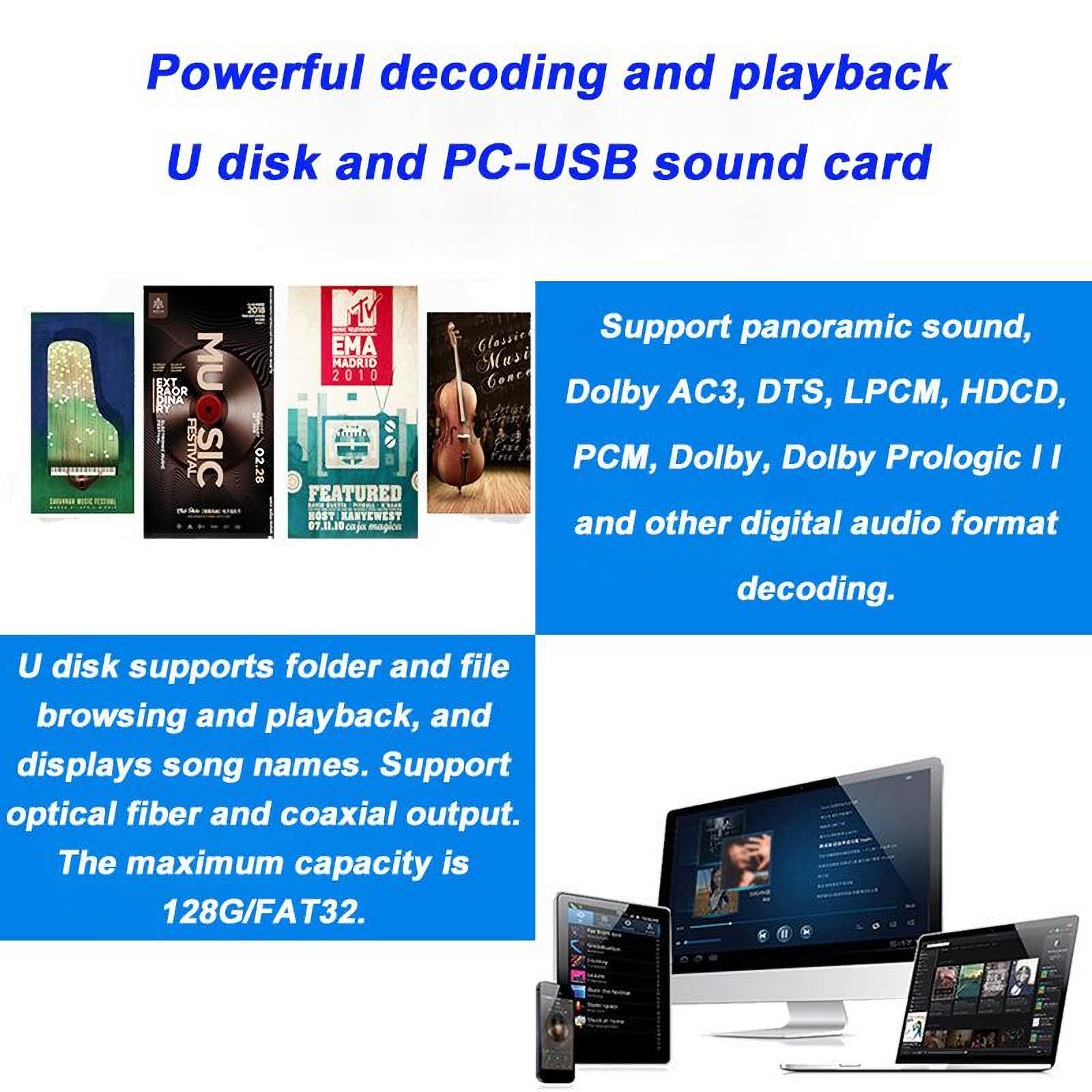 Decodificador De Audio 5.1, HDMI2.0 De Alta Definición DTS Dolby Atmos, Salida De Modo De 6 Canales, Admite Reproducción De Disco U DTS, AC3, WAV, FLAC, Ape, MP3 Y Otra Reproducción De Audio