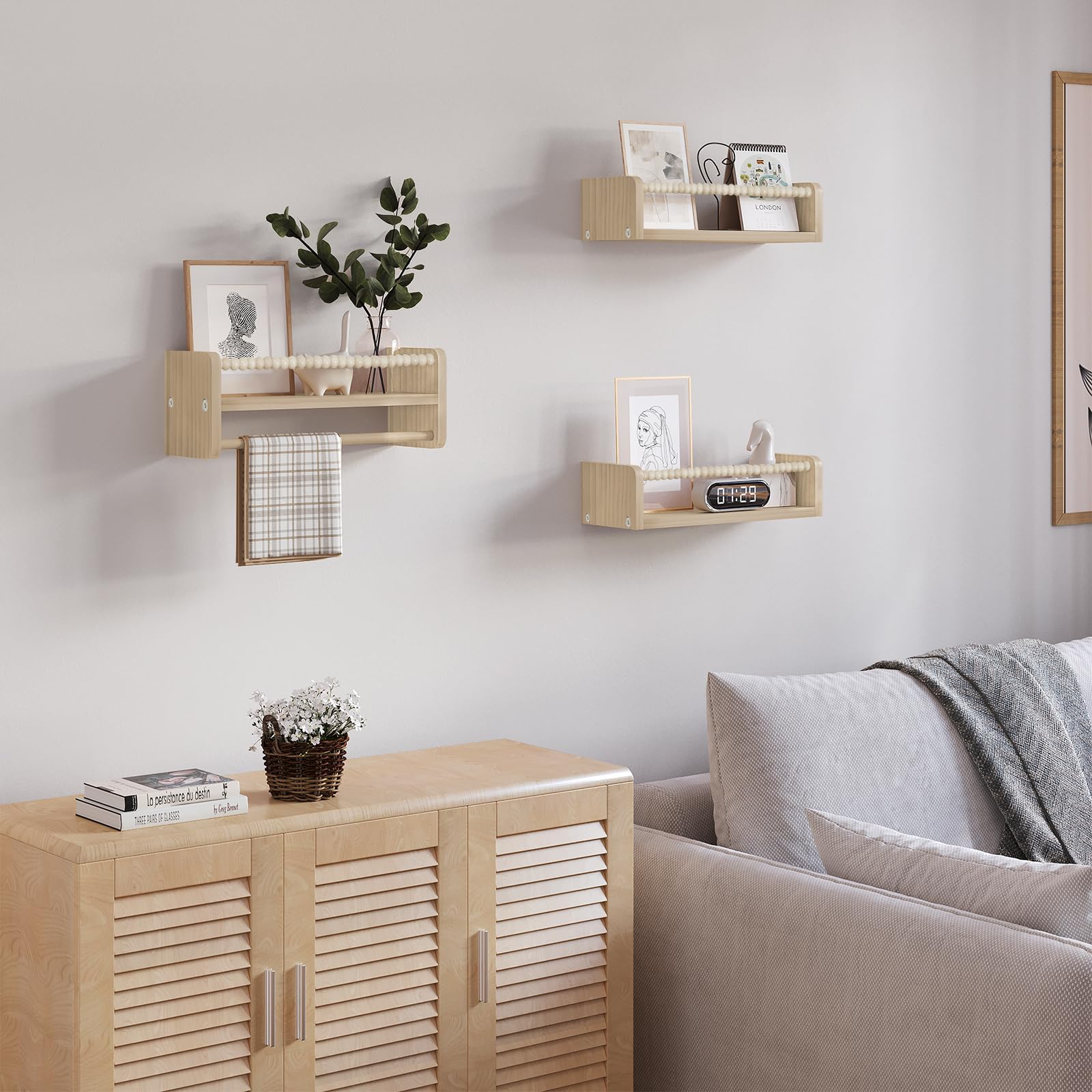 WOLTU Librerie per Bambini da Parete in Legno Massello, 40 cm Set di 3 Porta Libri per Cameretta, Scaffale Libri per Bambini, Librerie da Parete Piccole con Perline