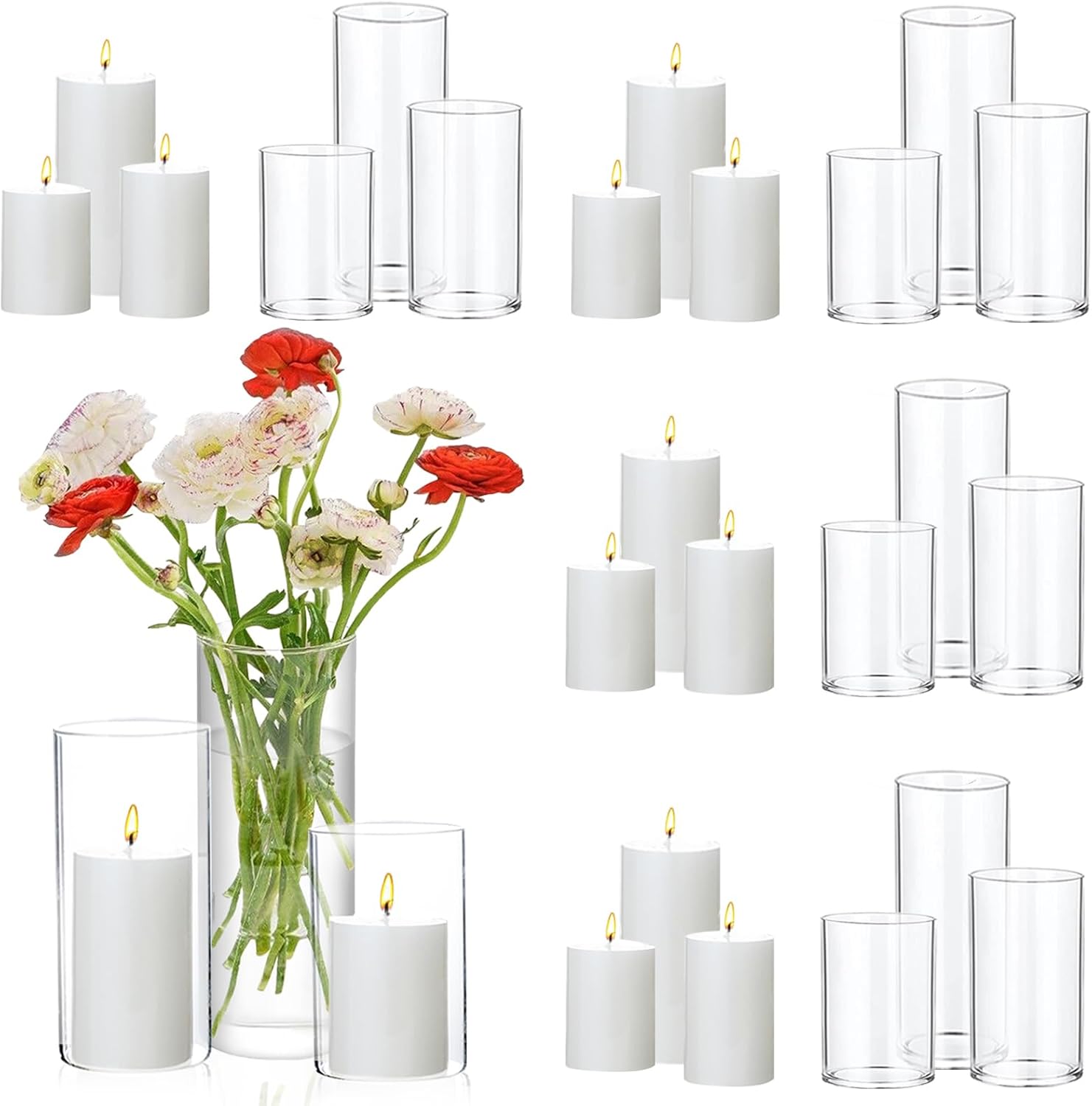 UDU 24 Pcs White Pillar Candles and Glass Cylinder Vases, Hurricane Pillar Candle Holder Vases for Wedding Centerpieces Table Party Home Decor(3.2" X 4.7", 6", 8")