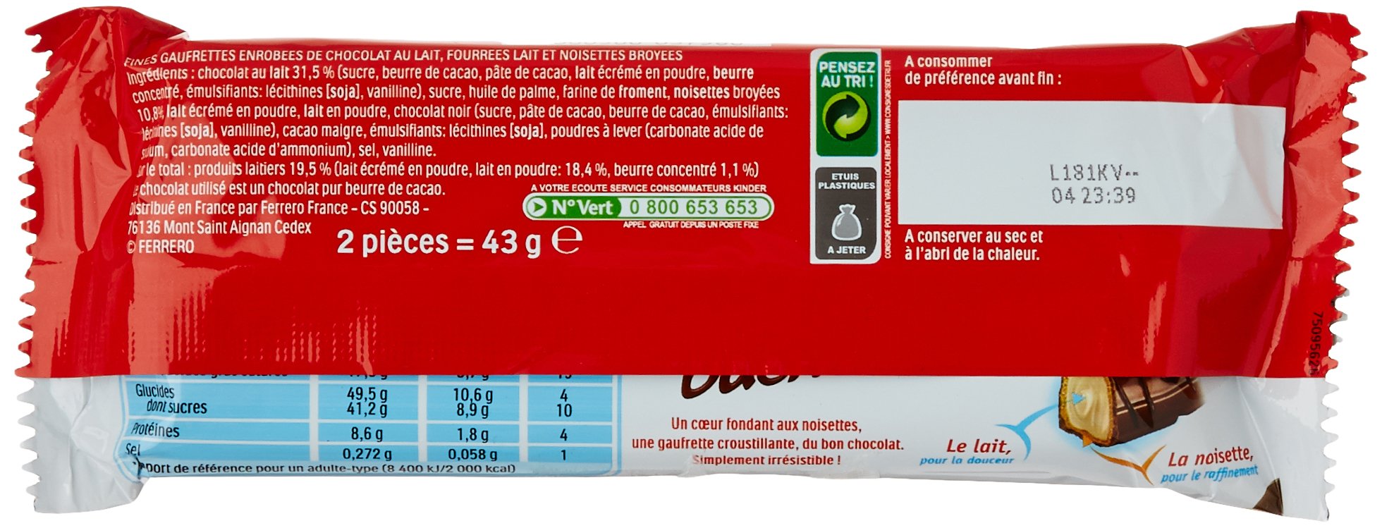 Kinder Bueno - Fine Gaufrette Enrobée de Chocolat au Lait avec un Coeur Lait et Noisettes - Goûter Fondant et Croustillant - Format à partager- 30 x 2 Barres (43g)