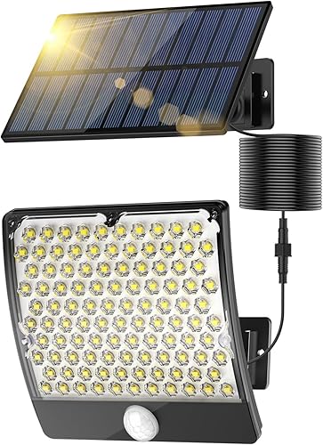 Luces solares para exteriores, 105 luces LED solares con sensor de movimiento, IP65 impermeable, ilumina tu noche para puerta delantera, cobertizo,