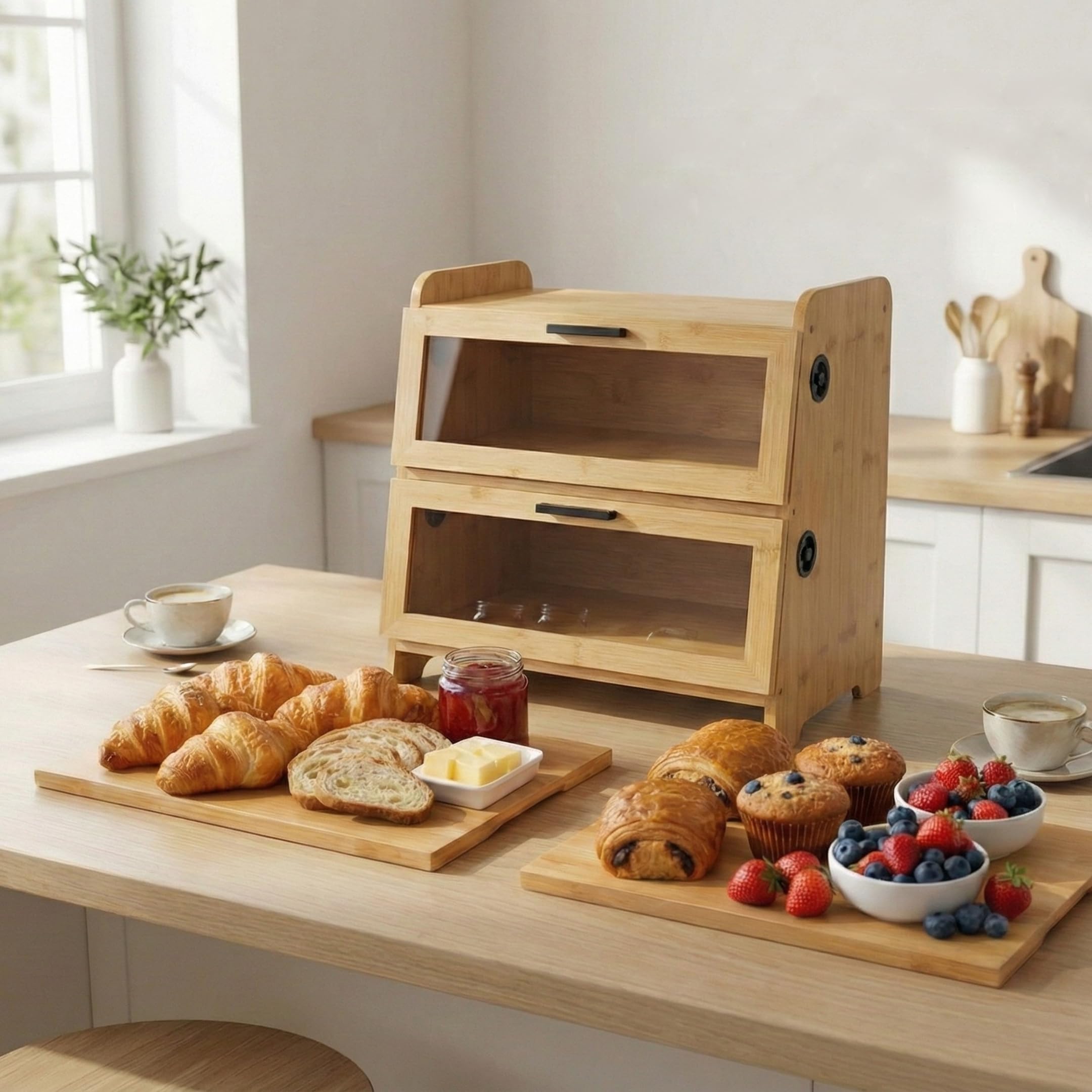 SWAYN - Caja de pan de bambú con certificación FSC - Hucha para pan de 2 pisos, ventilación ajustable para prolongar la frescura, tabla integrada, almacenamiento optimizado para conservación de pan