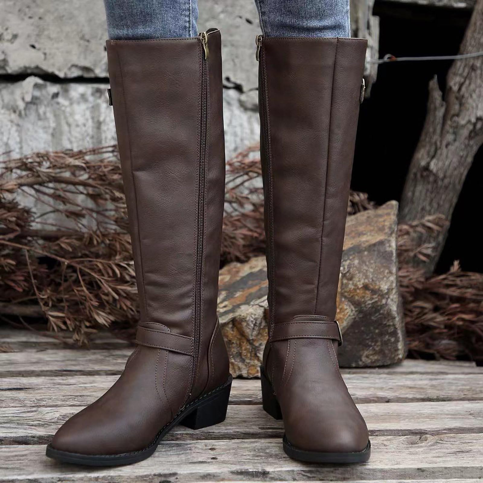 Bottes Hautes Genou pour Femme Style Britannique en Cuir avec Boucle décorative latérale Fermeture éclair Dashion Tube Long