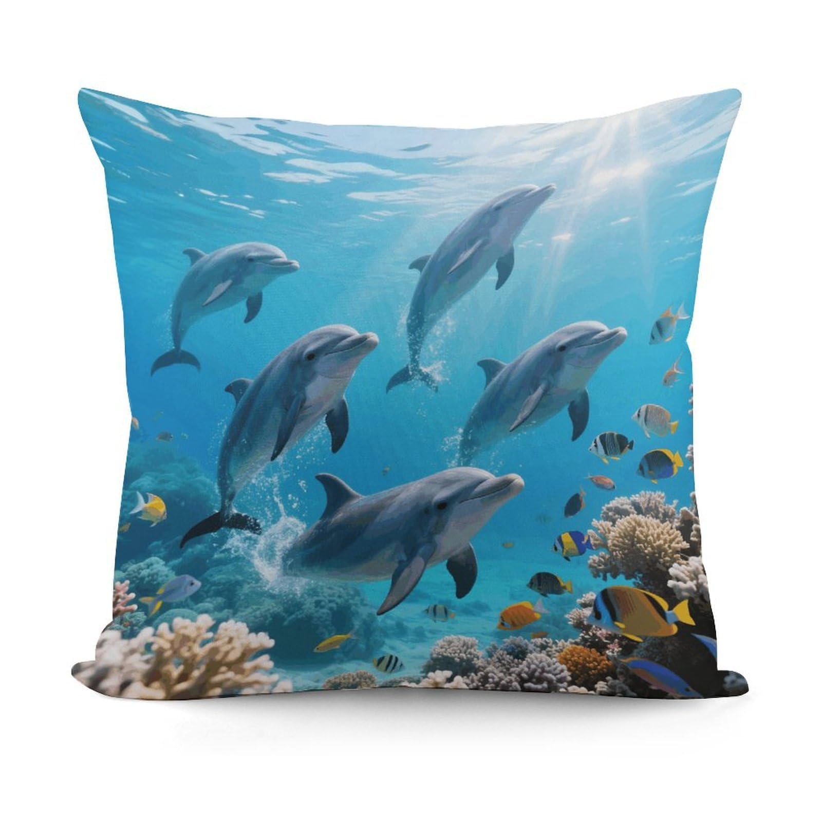 VstaDank Cute Dolphins Pillow Cover with Invisible Zipper Square Throw Pillowcase Plush Couch Sofa Pillow Case 18x18 Inch Decorative Throw Cushion Covers for Sofa Living Pillowcover