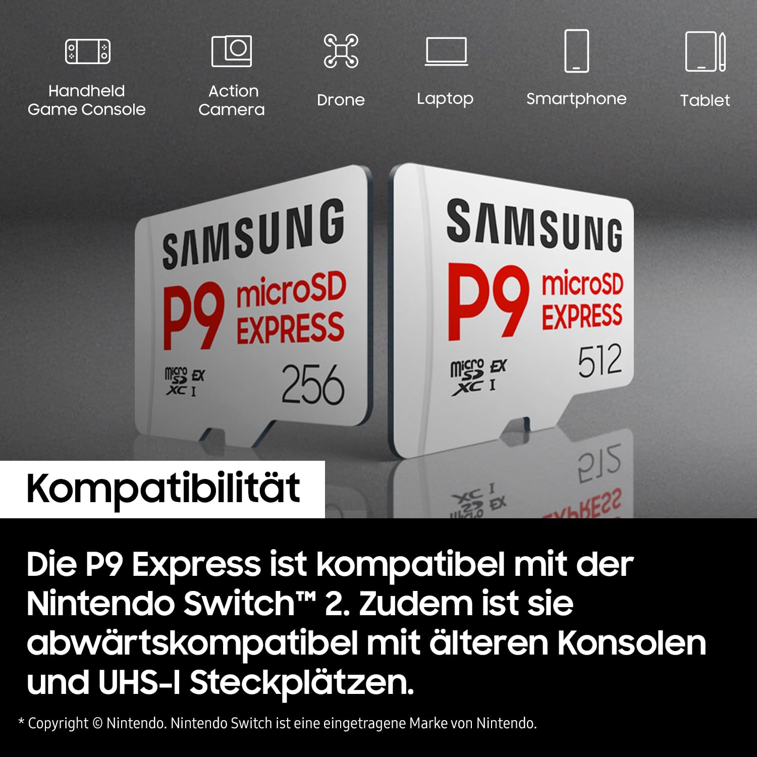 Samsung P9 Express microSD Express 256 GB, High-Speed Gaming Speicherkarte für Nintendo Switch 2, bis 800 MB/s Lesen, bis 200 MB/s Schreiben, Für 4K UHD Video, Konsolen und Kameras, MB-MK256T/WW