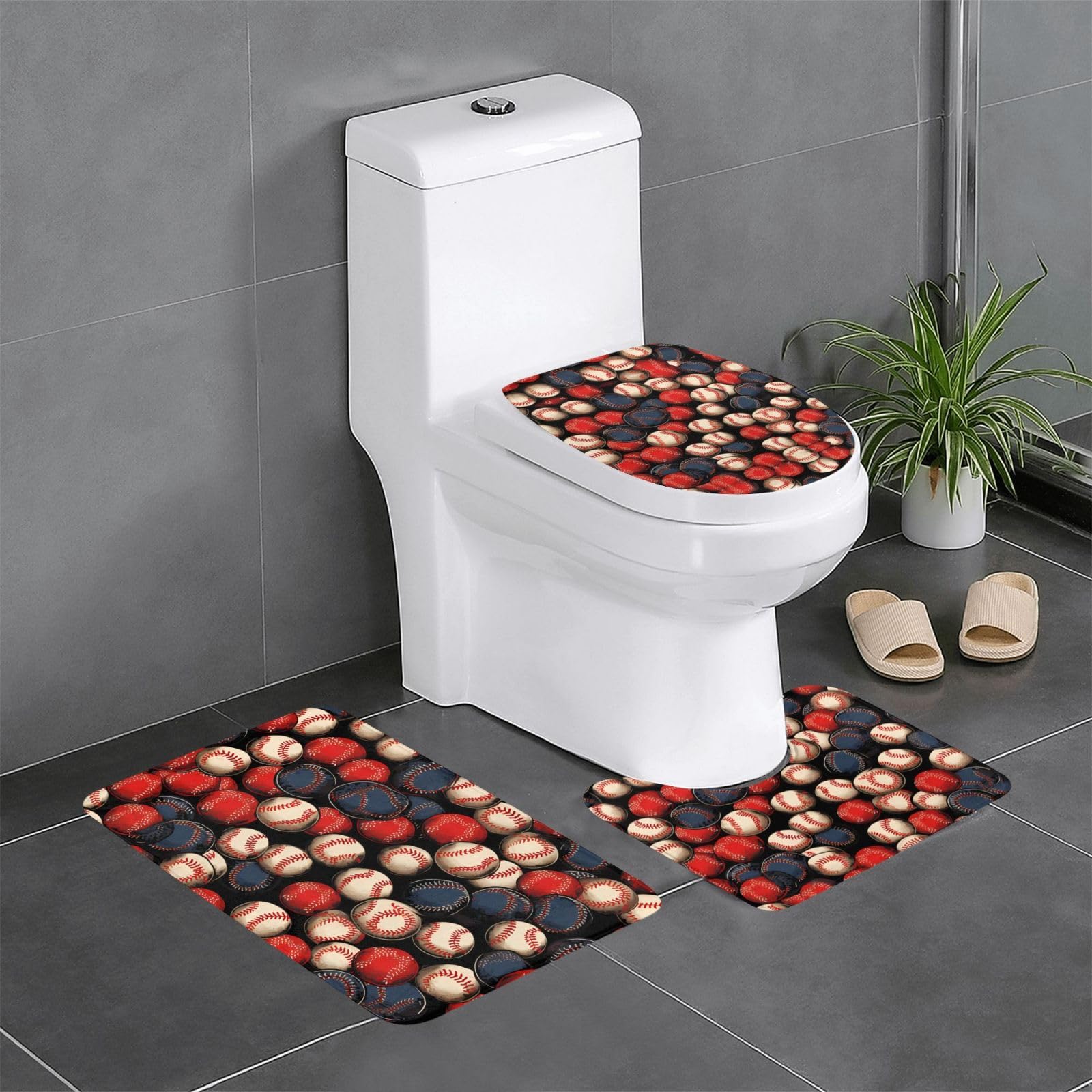 Tapis de salle de bain Art Baseball lot de 3 pour toilettes et meuble-lavabo