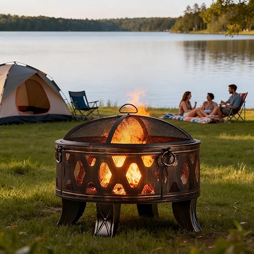 Miniatura 8 de Breezz Fogata de leña de 26 pulgadas con parrilla de cocina y pantalla de chispas, hoguera redonda de metal para exteriores, patio, fiesta de