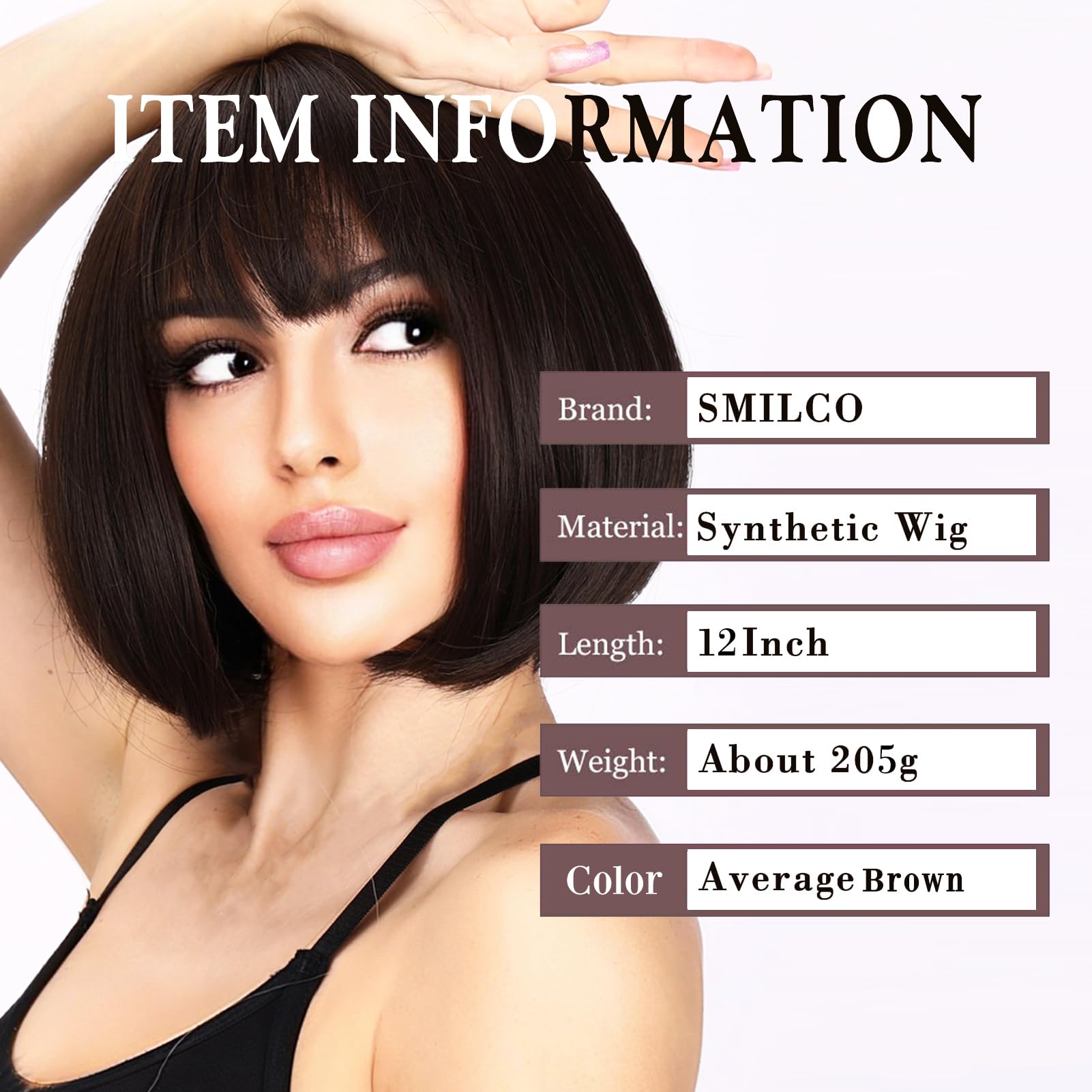12 Inch Short Bob Wigs with Bangs, Straight Bob Wigs for Women, Synthetic Short Bob Wigs Heat Resistant Fiber Wigs for Daily Party Cosplay (Brown)