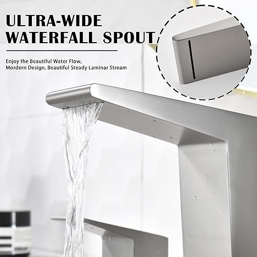 Miniatura 4 de Grifo de baño en cascada, acero inoxidable de 3 agujeros, montaje generalizado, níquel cepillado, 2 asas, drenaje desplegable y líneas de suministro