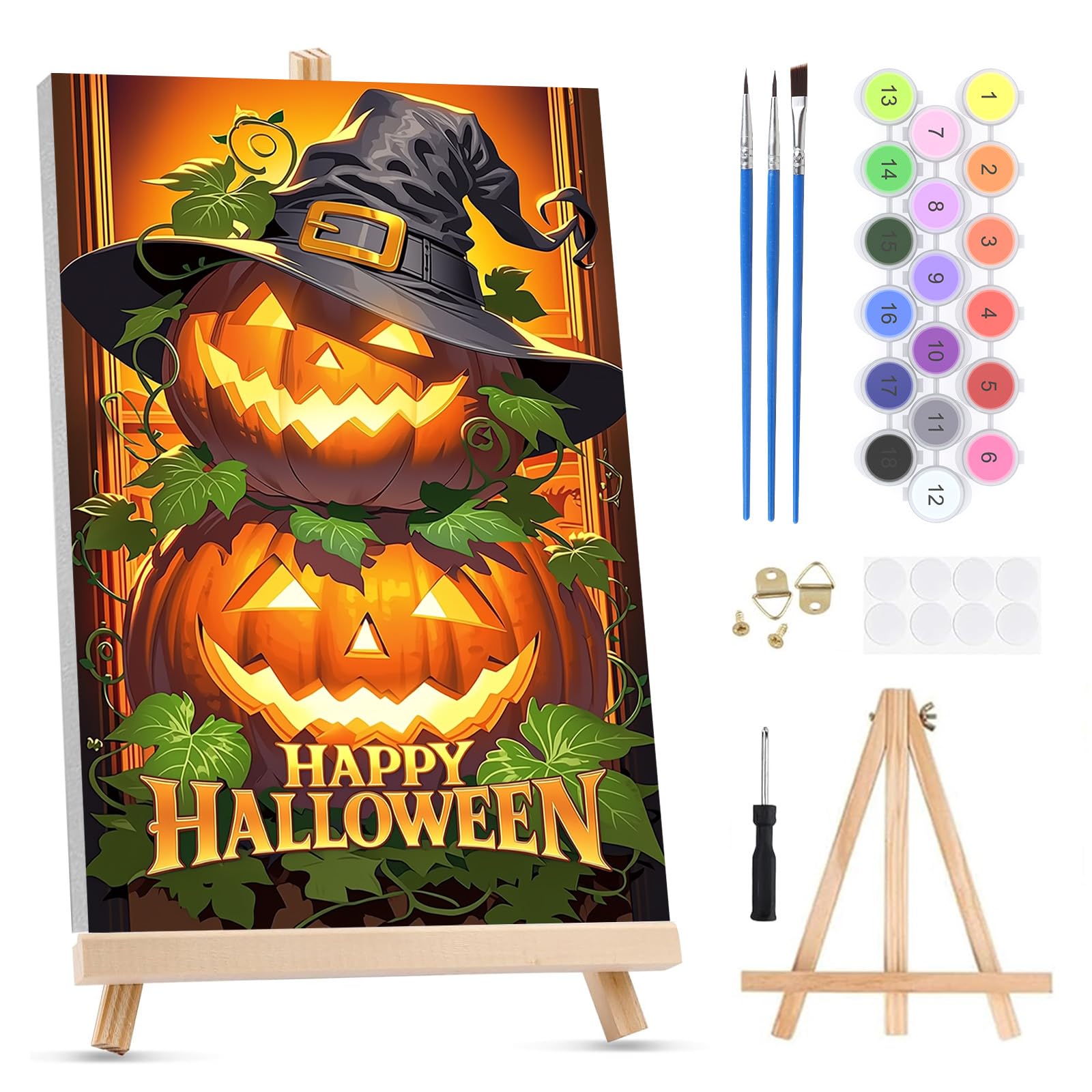QENSPE Paint by Numbers for Adults on Framed Canvas - with Wooden Easel, Halloween Painting by Number Kit for Beginners, DIY Pumpkin Wizard Acrylic Oil Painting for Home Wall Decor 8x12 Inch