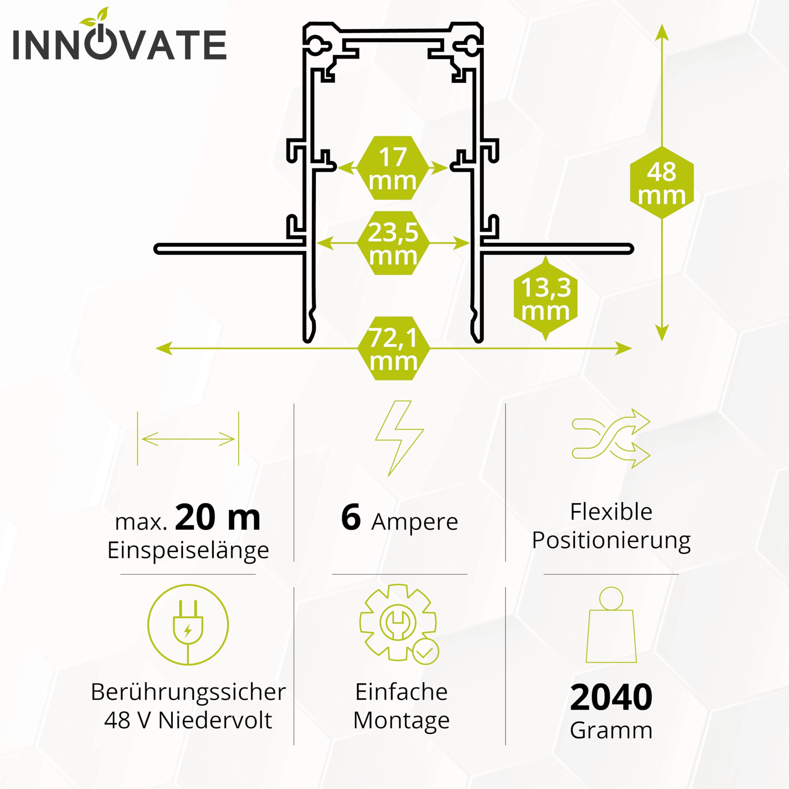 INNOVATE MagPro48 1 Phasen Schienensystem Niedervolt Phasenschiene Trockenbau [48V 4-polig 200cm] LED Lichtleiste Deckenbeleuchtung I Magnetische LED Schienensystem Lampen Lichtschienensystem Decke