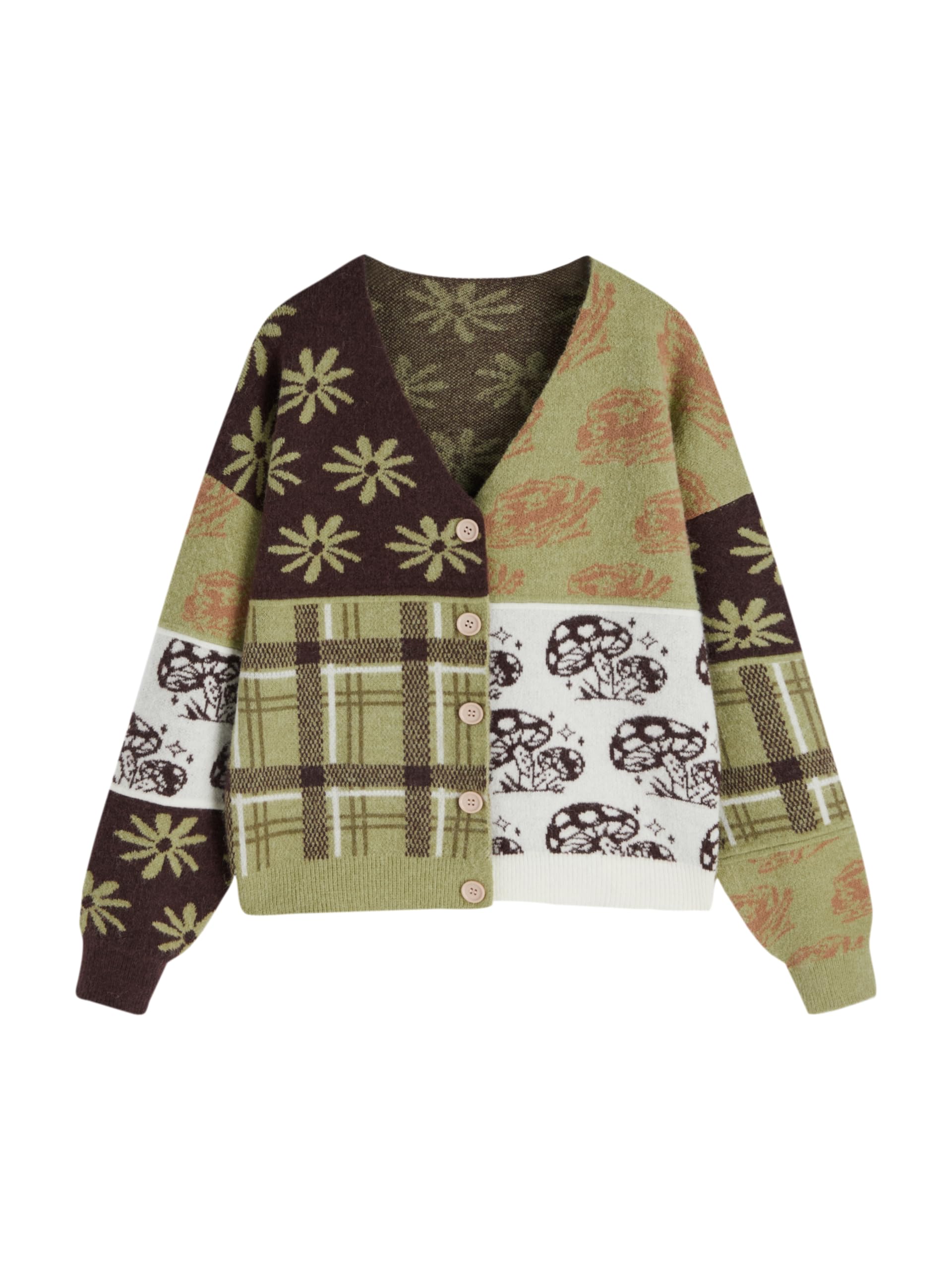CIDER Cardigans for Women Trendy Mushroom Patchy V Neck Knit Button Down Conversational Pattern Oversized Cardigan