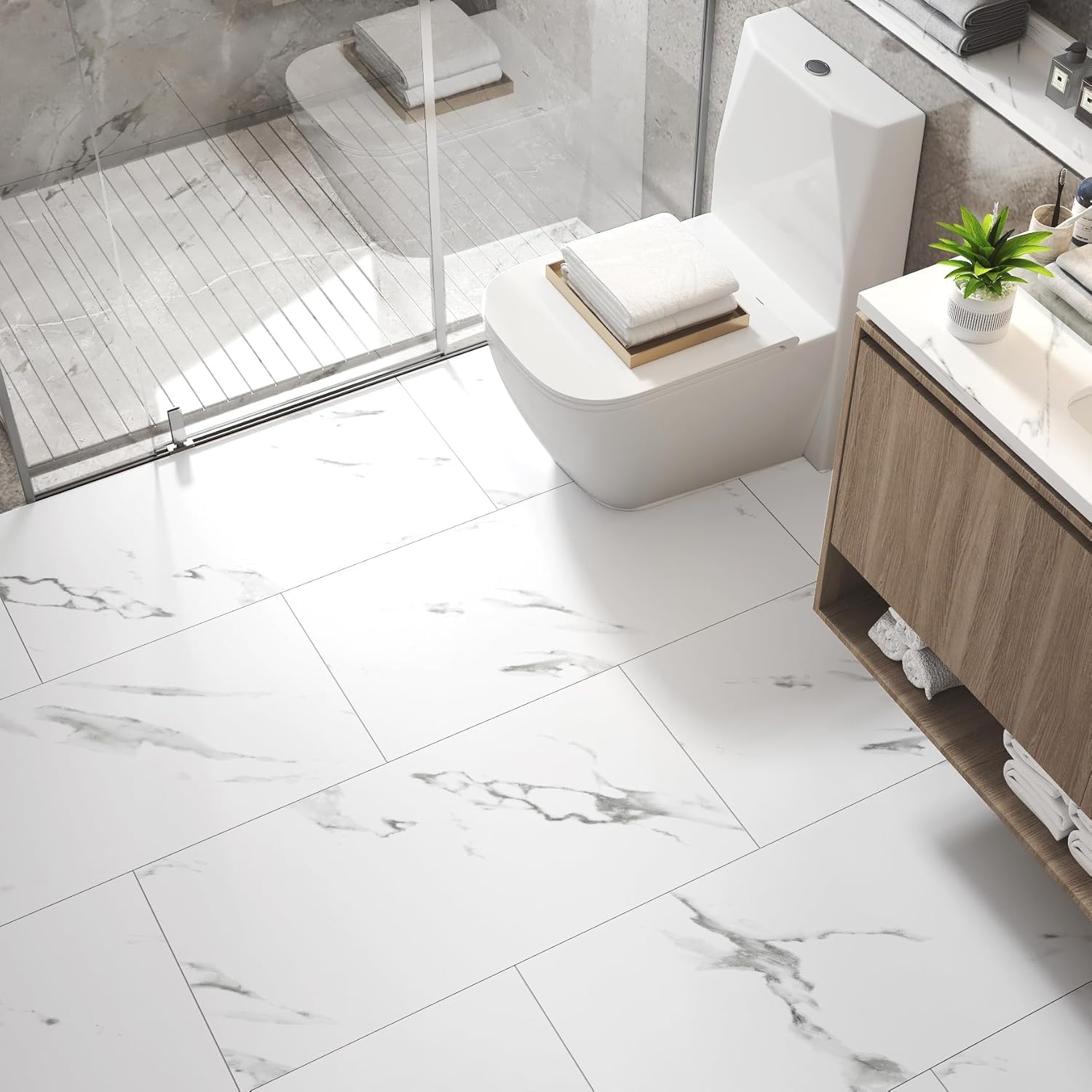 FunStick 12"x24" 15 Pcs White Peel and Stick Floor Tile Marble Vinyl Flooring for Bathroom Grey White Sticky Floor Tile for Kitchen Wall Tiles Peel