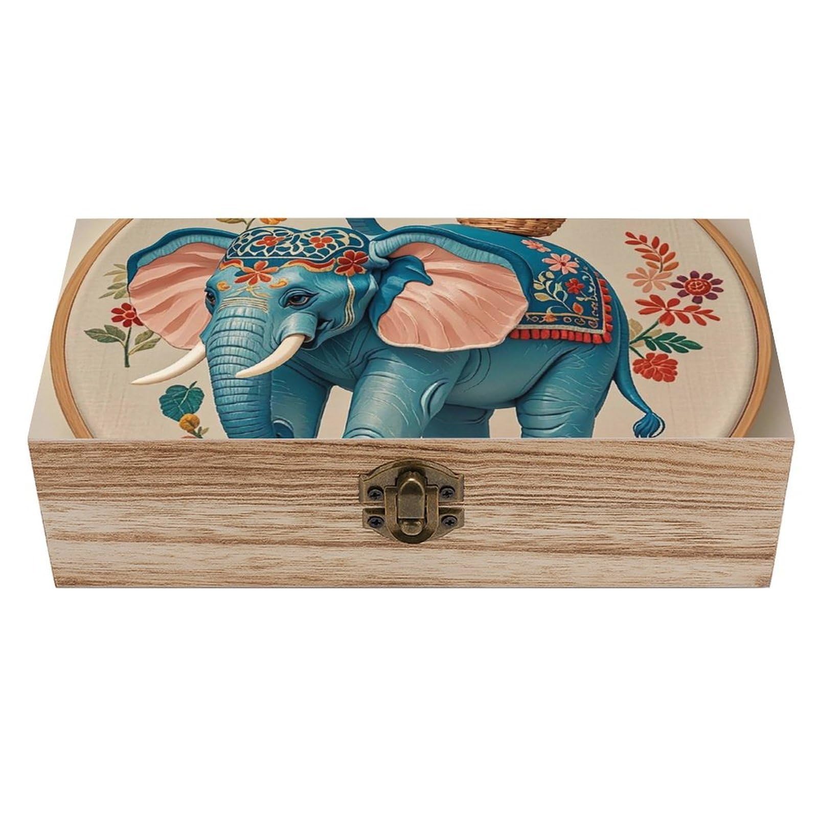 QMKFWT Wooden Jewelry Box Beautifully Keepsake Box Trinket Box Keepsake Storage Organizer With Embroidered Elephant Handmade Wooden Box for Storing Jewelry, Coins, Tartot Cards, Small Treasures
