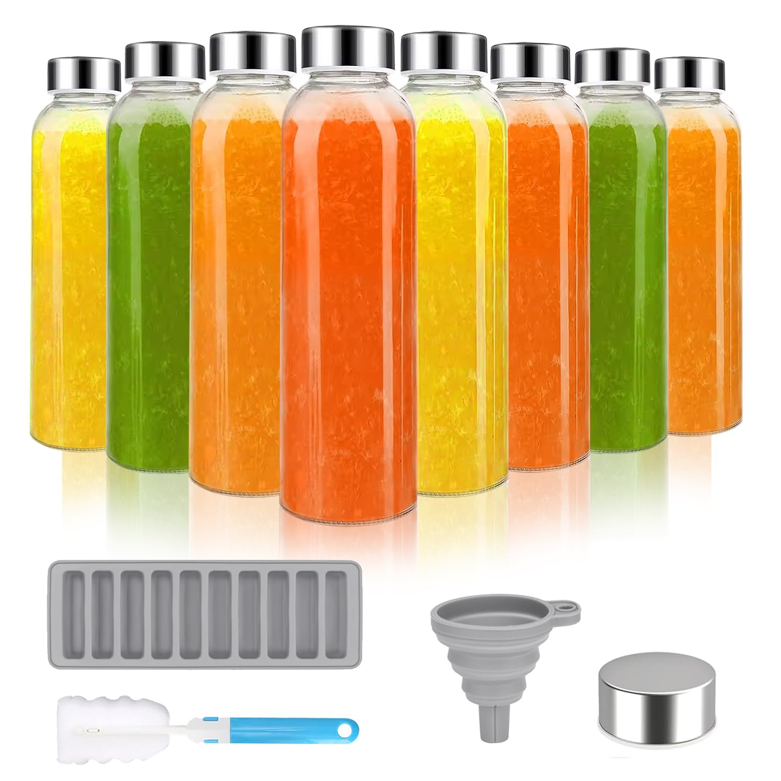 ZhouZGlass Glass Juice Bottles with Lids for Juicing 500ml, Reusable Clear Glass Water Bottles with Stainless Steel Airtight Cap for Refrigerator, 100% Leak Proof, BPA Free, Set of 8