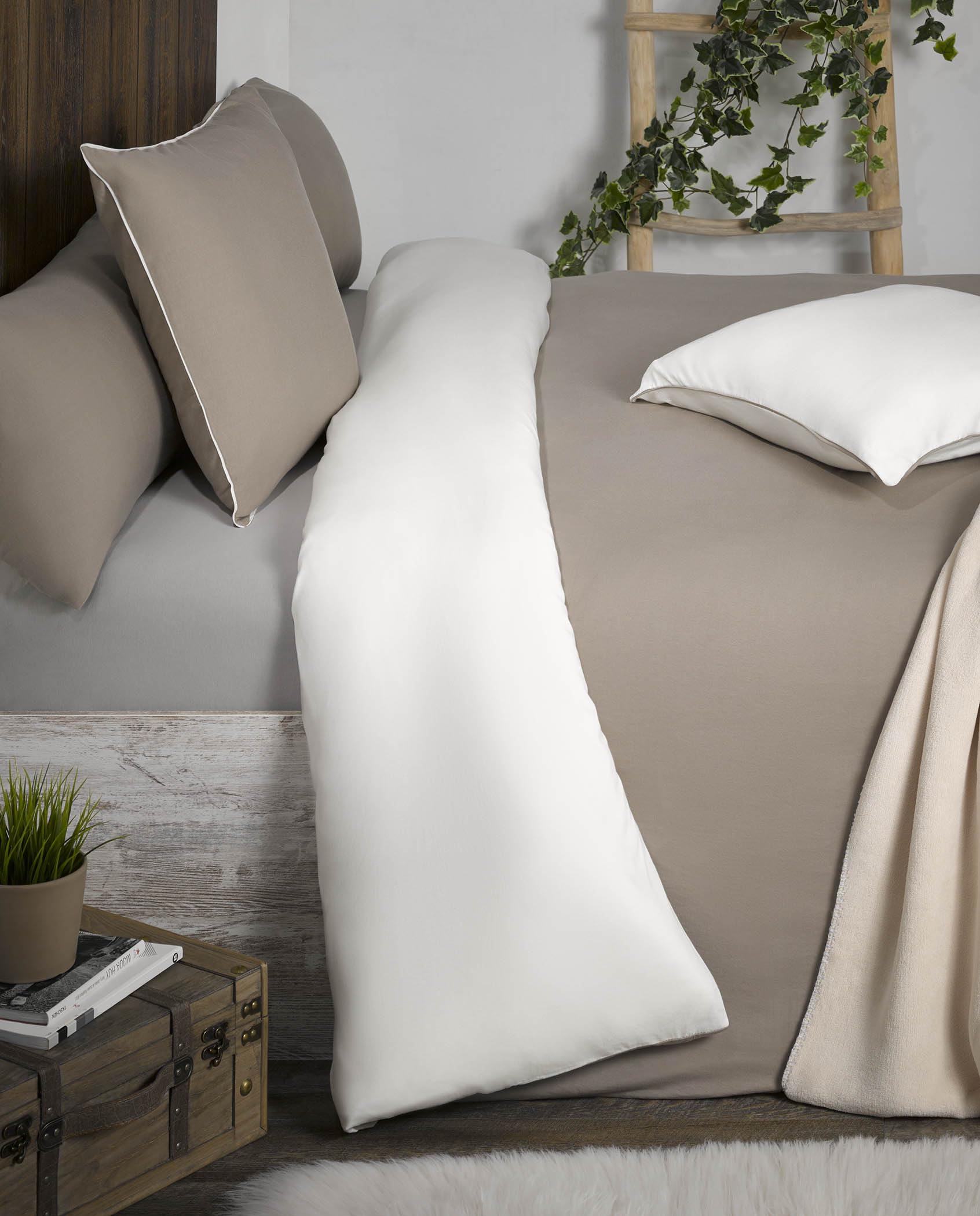 Atenas - Funda Nórdica para Edredón y Almohadón - 100% Algodón Ecológico Peinado Percal 144 Hilos Punto/Jersey - No se Arruga - Modelo Heaven (Topo/Beige, Cama de 150 cm, Doble)