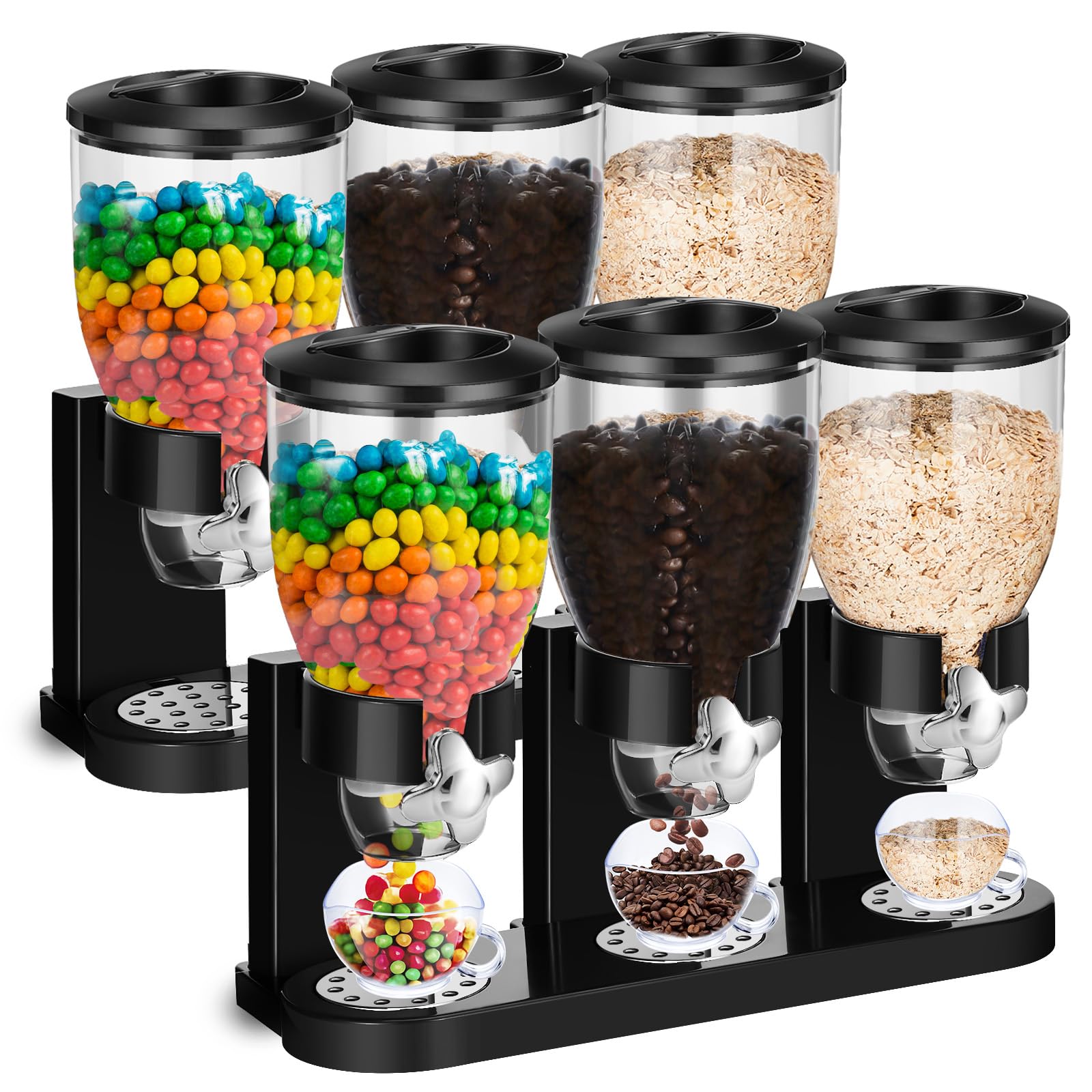 Umigy 2 Pcs Triple Indispensable Dry Food Dispenser Cereal Container Candy Dispenser Machine for Storage Preserving Dispensing Kitchen Rice Nuts Granola Snack Gumball Countertop, Black