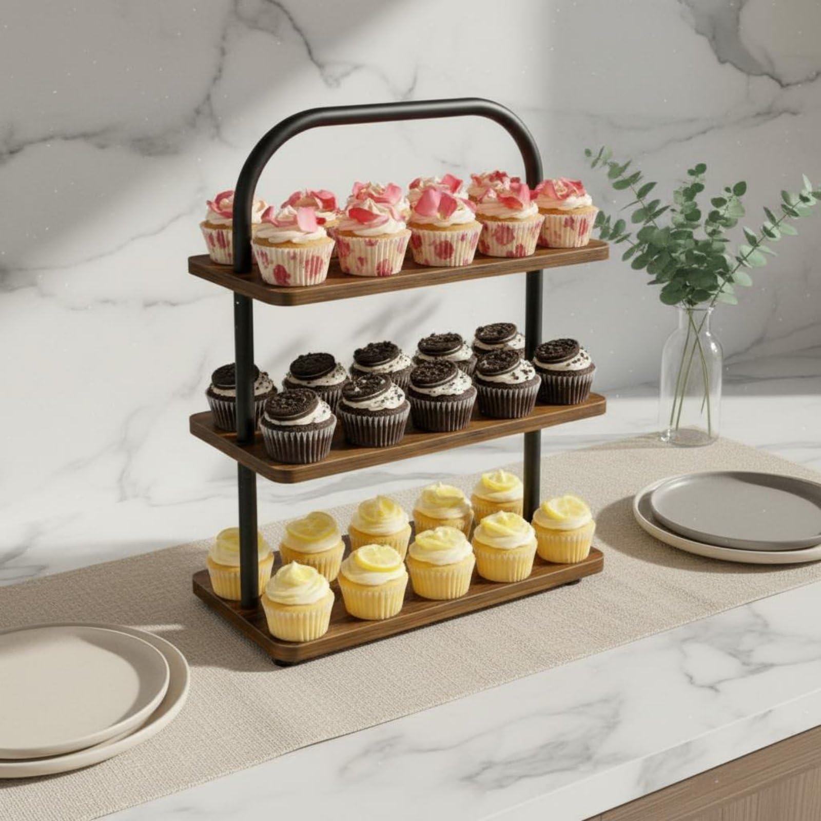Soporte para Postres Expositor Cupcakes Pasteles Bandeja Estante de Madera Hierro de Triple Nivel Plegable con Asa Acabado Envejecido para Catering Reuniones Picnic Hogar