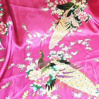 1 Meter Satin Printed Fabric Cloth Peacock Floral Sewing Material Costume Bedding DIY (Rose Red)