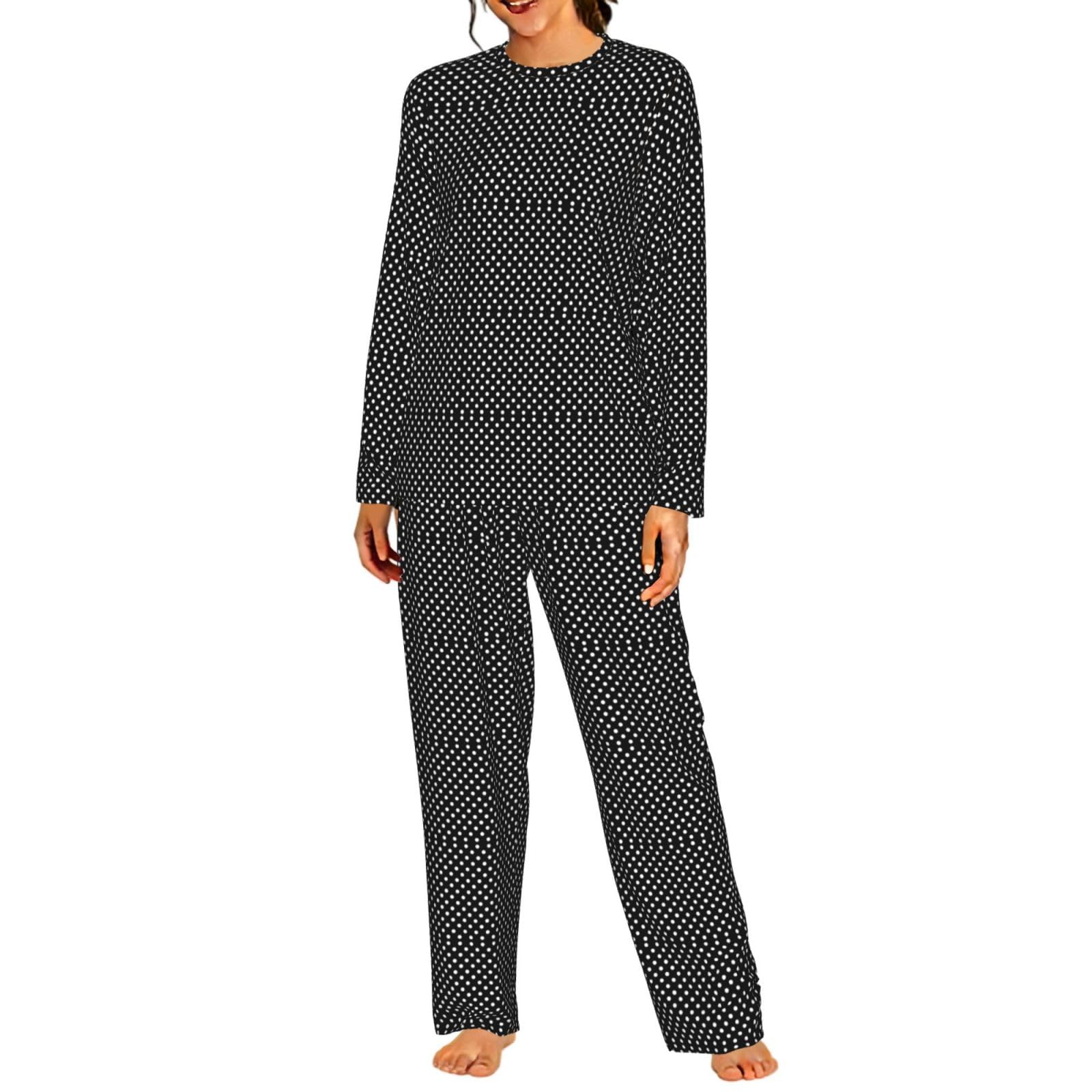 Pigiama da donna a maniche lunghe con stampa a pois bianchi e neri Set pigiama morbido elastico coulisse casual Daywear