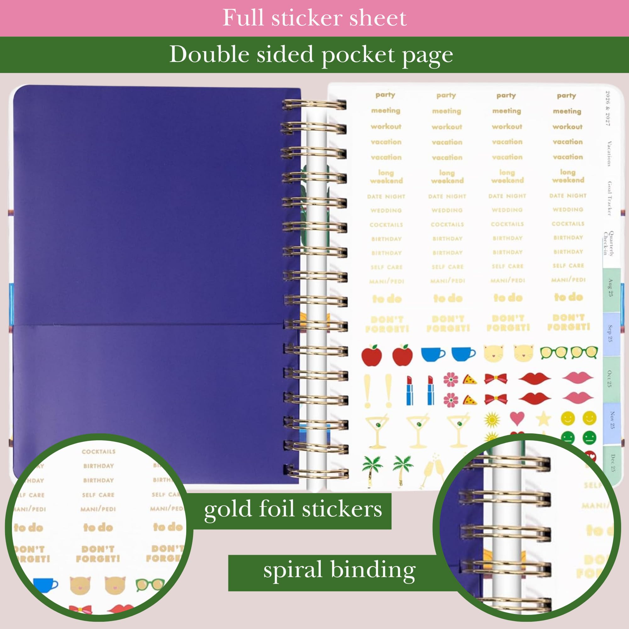 kate spade new york Tagesplaner 2025-2026 Großer Agenda August 2025-Dezember 2026, Hardcover Wochen- und Monatsplaner Spiralplaner mit Aufklebern (Charmed Library)